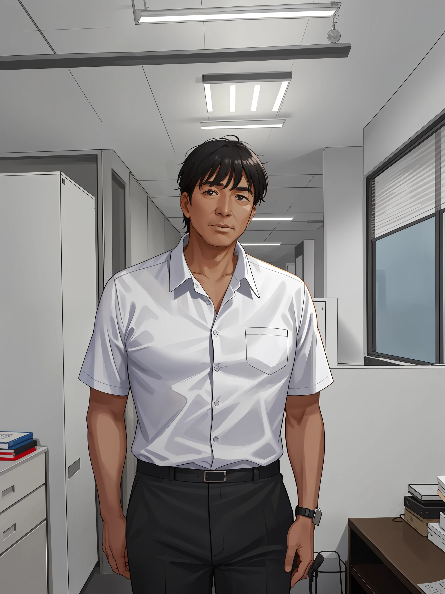 A 50-year-old man wearing a white shirt and black pants stands in his office