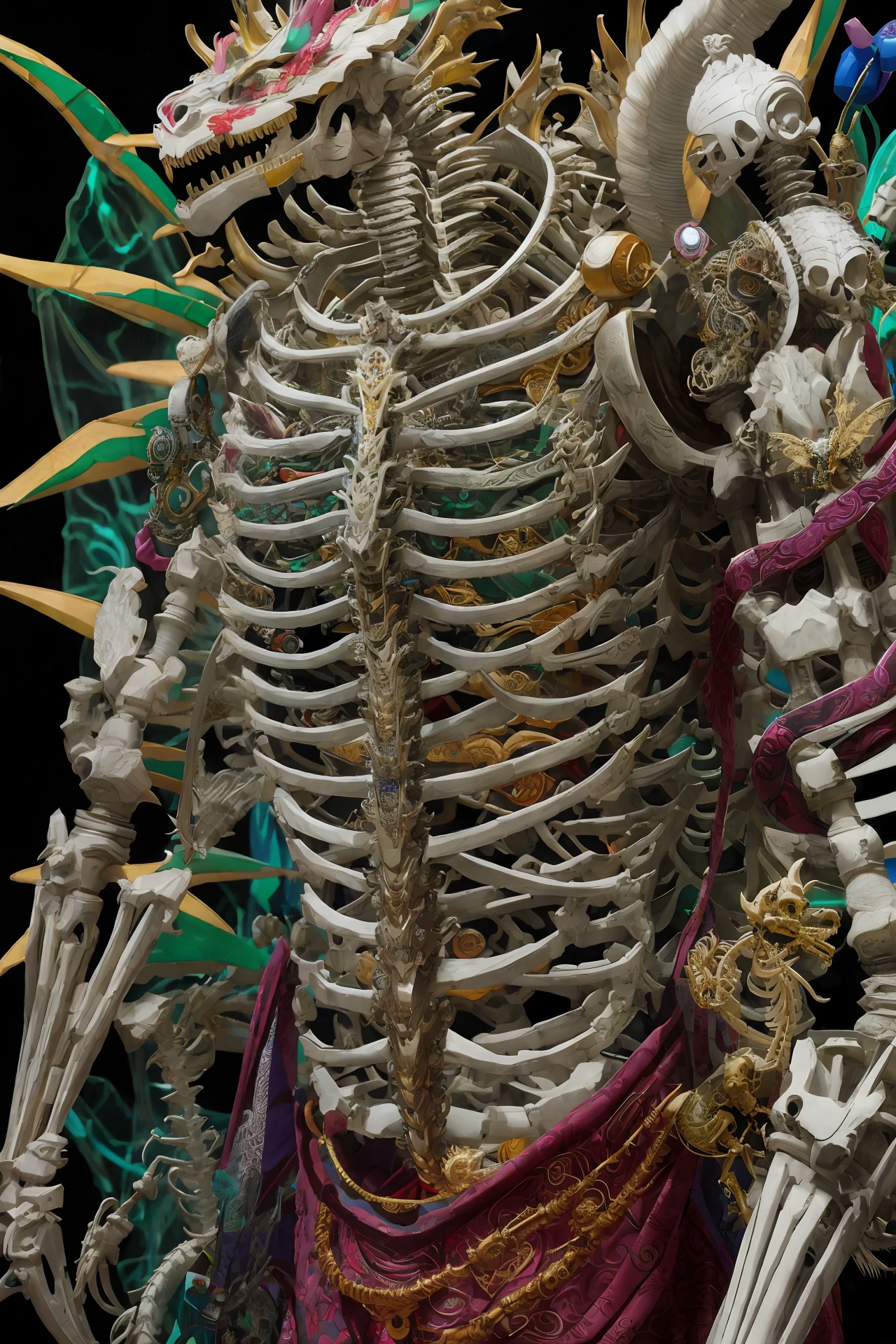 Cyberpunk, Bodhisattva, oriental dragon in the background, close-up skeleton
