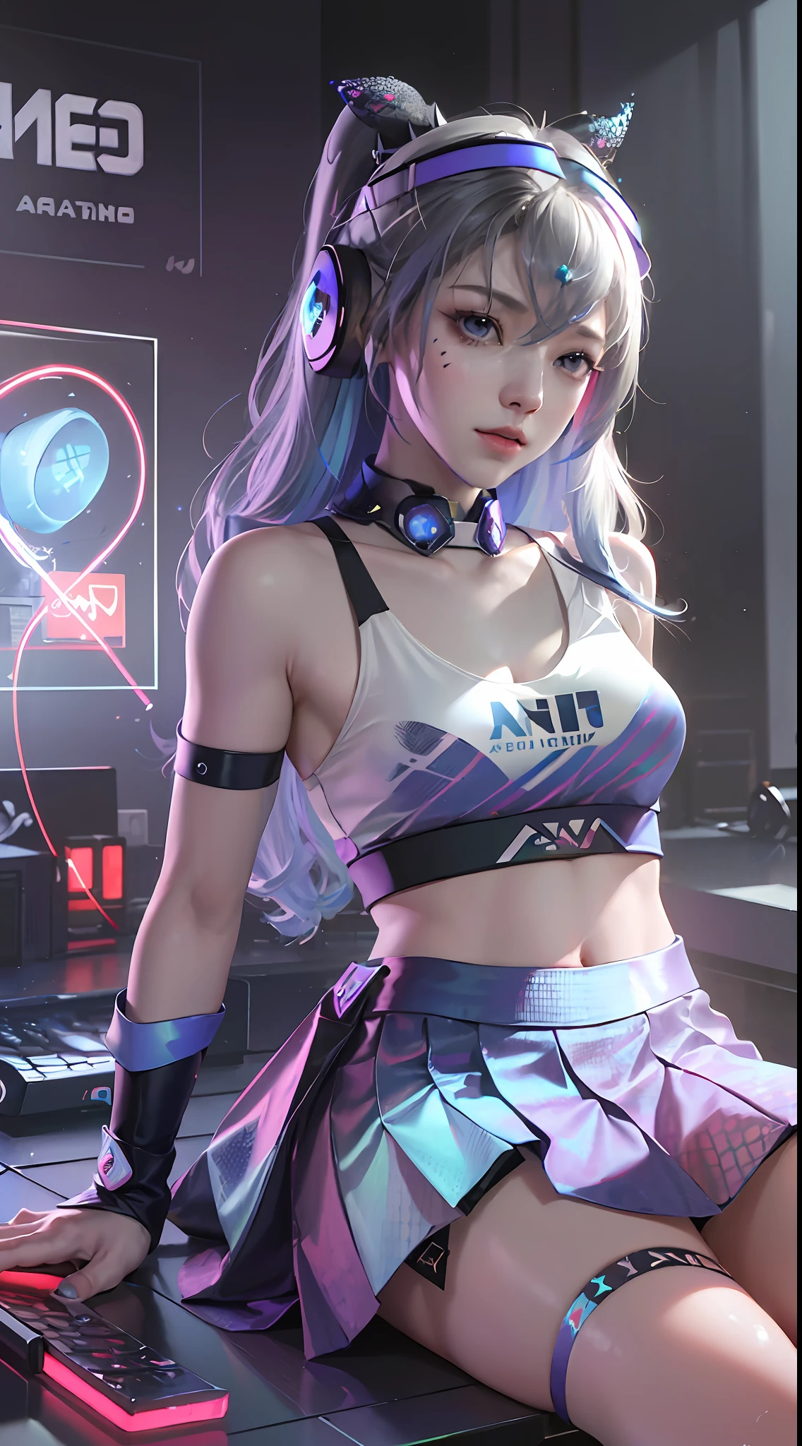 (((((7 avatar shot)))), Silver Wolf, Masterpiece, Best Quality, Ultra Detailed, Extremely Detailed 16k CG Wallpaper, Beautiful Face, (Silver Wolf in Esports Room), (Perfect Beautiful Curved Figure), Seated, Rainbow Color Jewel Eyes, Wearing Resin Hologram Sports Bra, Crop Top Drape, Mini Pleated Skirt, Bell Collar, Logo, Impotence, Contour Light, Concert, Neon Sign, Audio, Bell Collar, Esports Headset, Computer, Esports Room, Play Games, White Interior Through Red Skin, holographic projection, flat sphere, graffiti logo, highly detailed tattoo_,
Authoring information