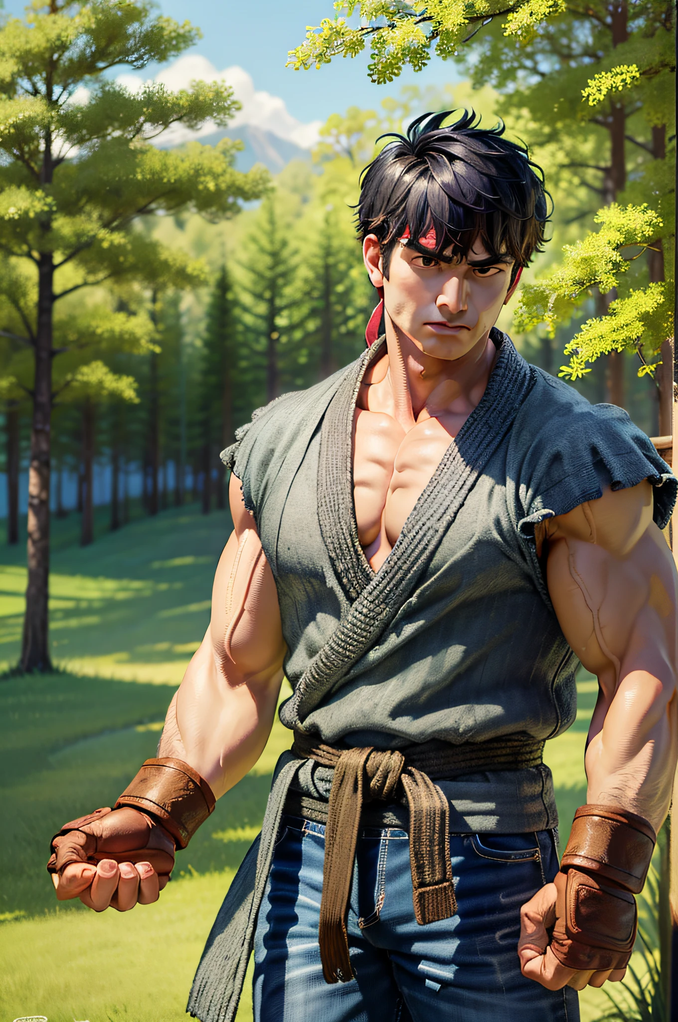 (masterpiece, best quality:1.2), cowboy shot, solo, male focus, 1boy, ryu \(sf\), serious, closed mouth, looking at viewer, black hair, dougi, fingerless gloves