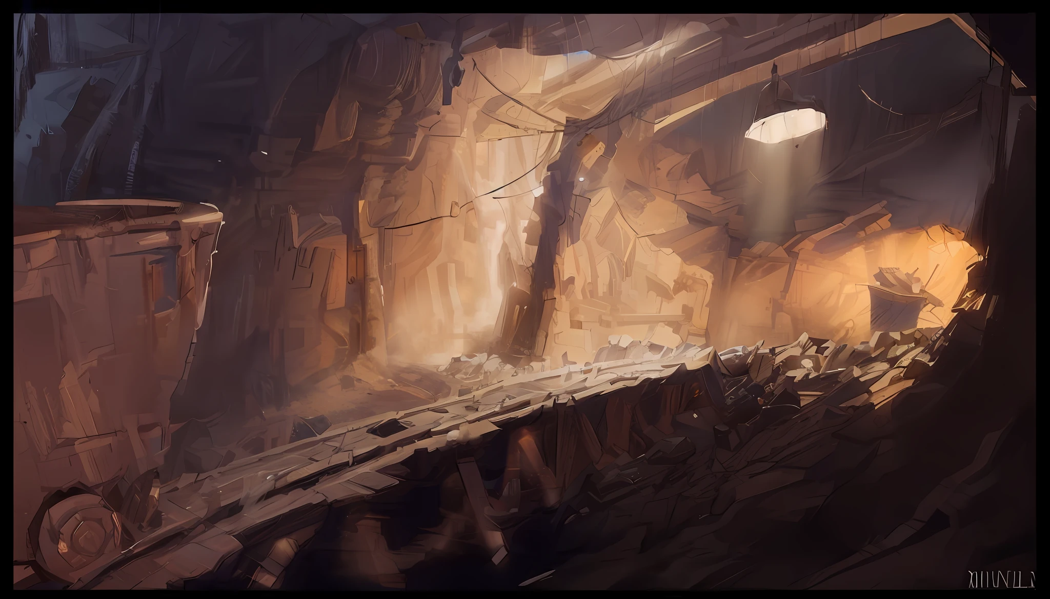 There was a minecart coming out of the mine tunnel in the dark light. concept art, concept art, environmental concept art, oil painting, concept art, digital painting, concept art, concept art scene, stefan koidl inspiration, underground mine, environment and concept art, concept art! , lighting research, Unreal Engine digital painting, mine cave with beams and columns, small platform with beams and columns, two-story mine cave --auto --s2