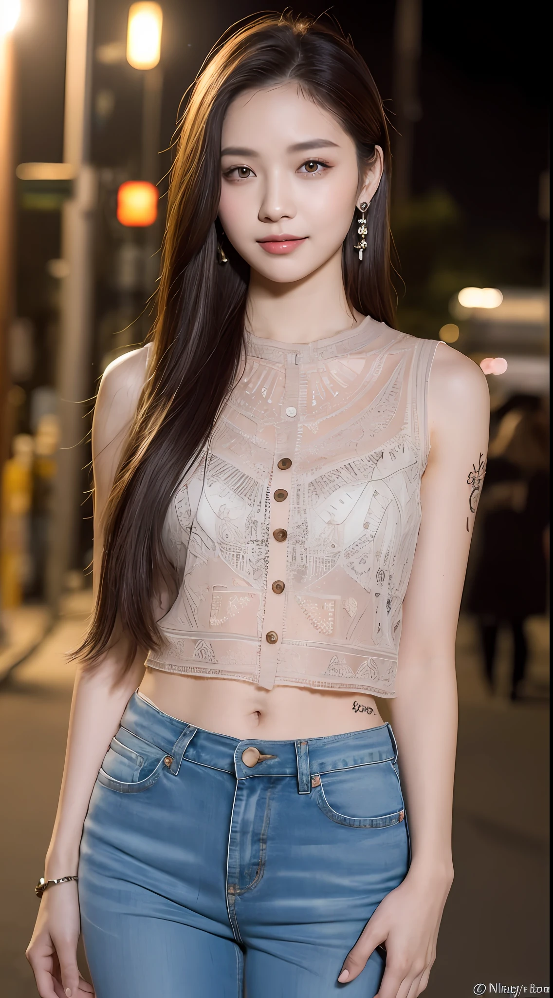 (Night, soft lighting, top quality, 8k, masterpiece, raw photo: 1.3),mysterious, beautiful young woman, fantasy, red colored eyes, slender eyes, symmetrical eyes, (highlight color hair, straight long hair, layer cut), earrings, thin bracelet on wrist, (full body, sleeveless shirt, shirt with buttons, tight pants: 1.2), super detailed, Intricate details, Highly detailed face and skin type, slim body, (full body tattoo, tattooed all over body), detailed eyes, realistic, makeup, intellectual, bewitching, beautiful standing figure, small, night street, invincible smile