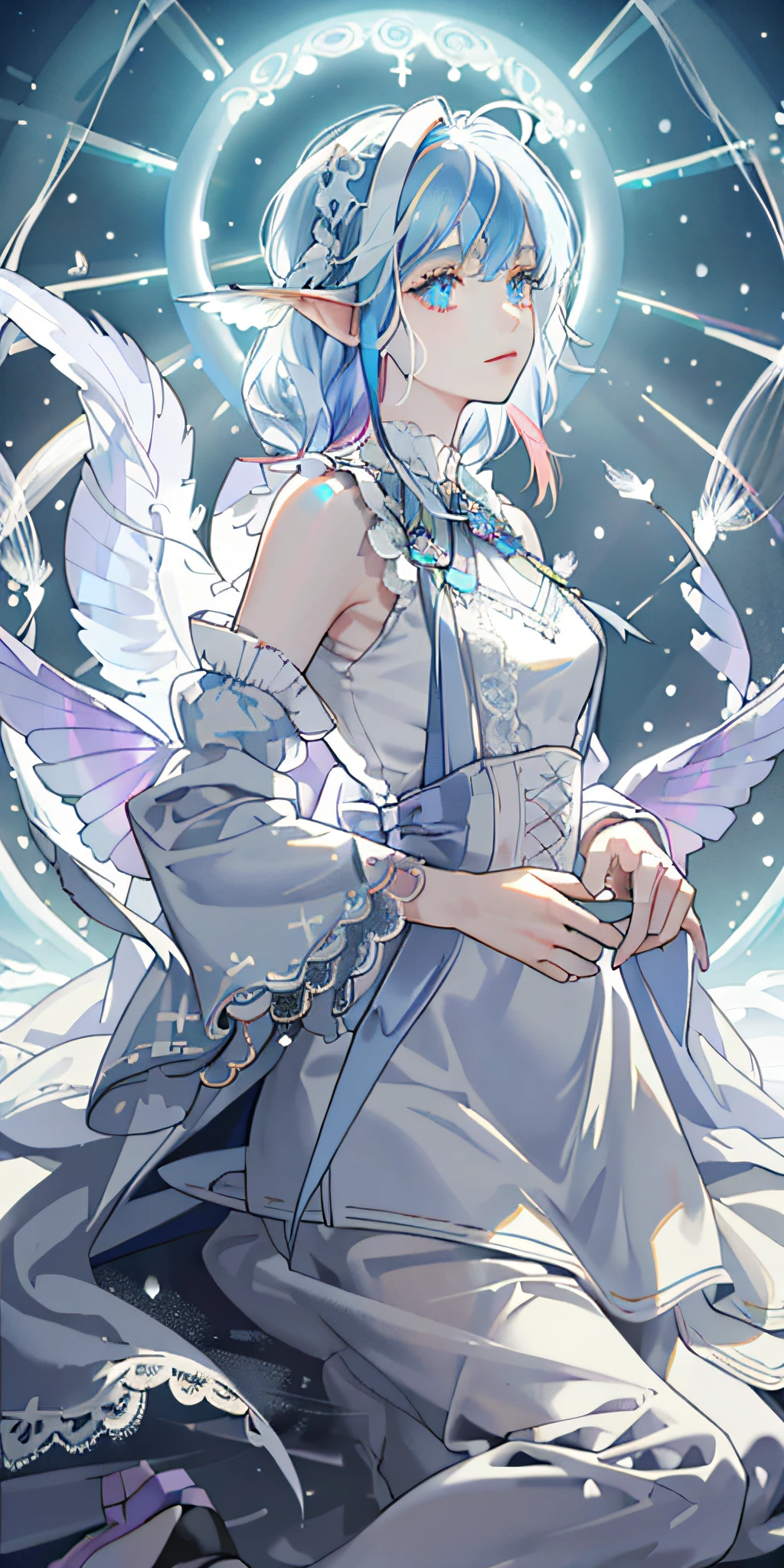 ((((delicate and detailed rainbow texture lace trim ribbons))), girl with colored hair wearing reflective suspenders, face with makeup, color art, fantasy color, color light and shadow rendering, big eyes and long eyelashes, red moist lips, dazzling background, flowing hair, flying hair, colored hair, colored eyes, glowing eyes, (aurora), light pillars, rays, chaos and fractals, rich colors, dazzling, dreamy, stardust, ((, white feathers, wings, snow-white skin, skin like white jade)),,noble,elegant,((,creative,extremely high-quality pictures,pure,short messy hair,messy hair)))),((aurora,giant crystal,magic ray,rich colors,dazzling art,tyndall effect))),white long hair,dreamy,,dynamic,super detail,sel shadow,8k detail post-processing,magnificent,surrealism,8k,epic composition,intricate details, Unreal Engine, Full Body Image, Rainbow Jellyfish, Jellyfish Ultra Clear, HD (Girls), (Masterpiece), (Best Quality), (Super Fine), (Illustration), (Detail Light) 1080p, Fairy Qi, Delicate Beauty, Big Eyes, Gentle, , Undersea, [Full Body Portrait] Atmosphere, Correct Proportions, Delicate Beauty (Extreme Detail, Delicate Facial Features Portrayal, Delicate Hair Depiction, Delicate Eye Depiction) (Messy Long Hair, Full Body 16k) (Jellyfish Around, Glowing Jellyfish, (Many) Glowing jellyfish) (extremely delicate CG) seabed, bubbles, elf ears, (surrounded by transparent jellyfish), Tyndall effect