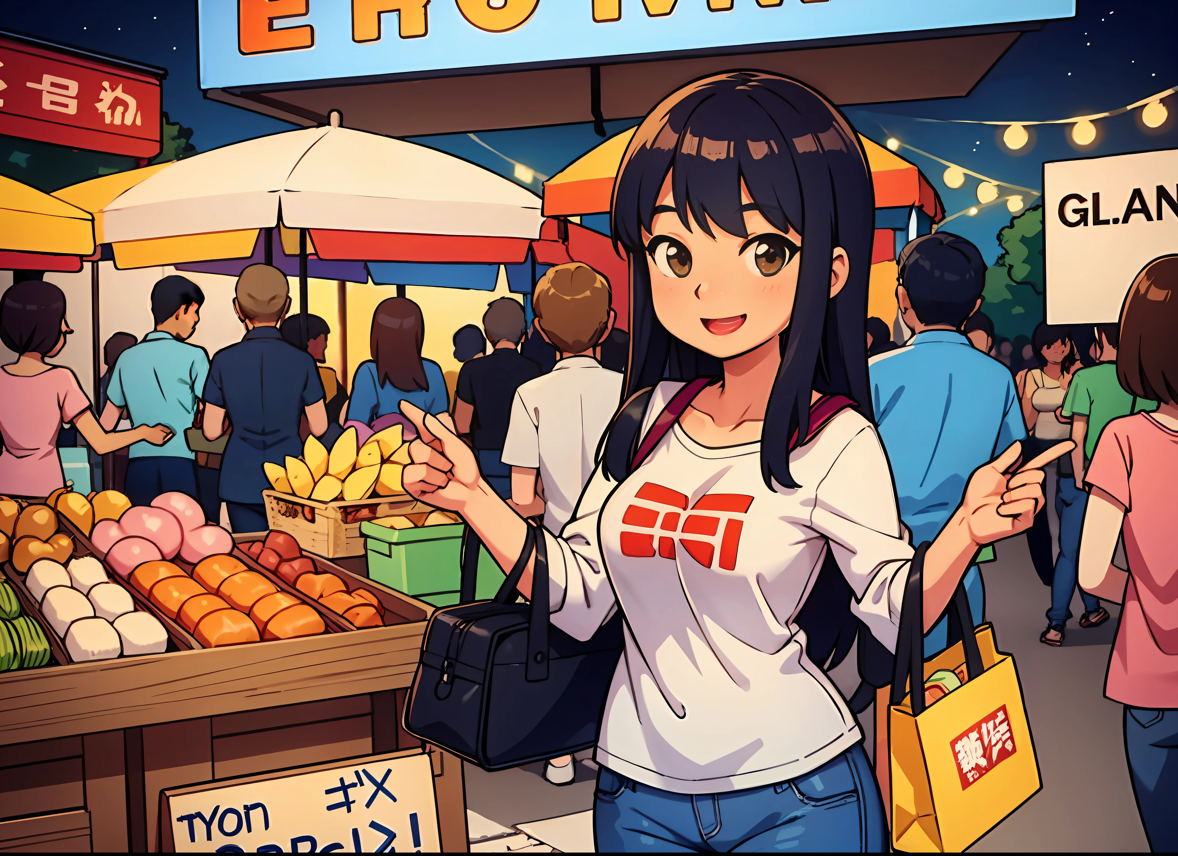 A lively night market. The girl is dressed in casual clothes, carrying snacks and has a happy and contented expression on her face.