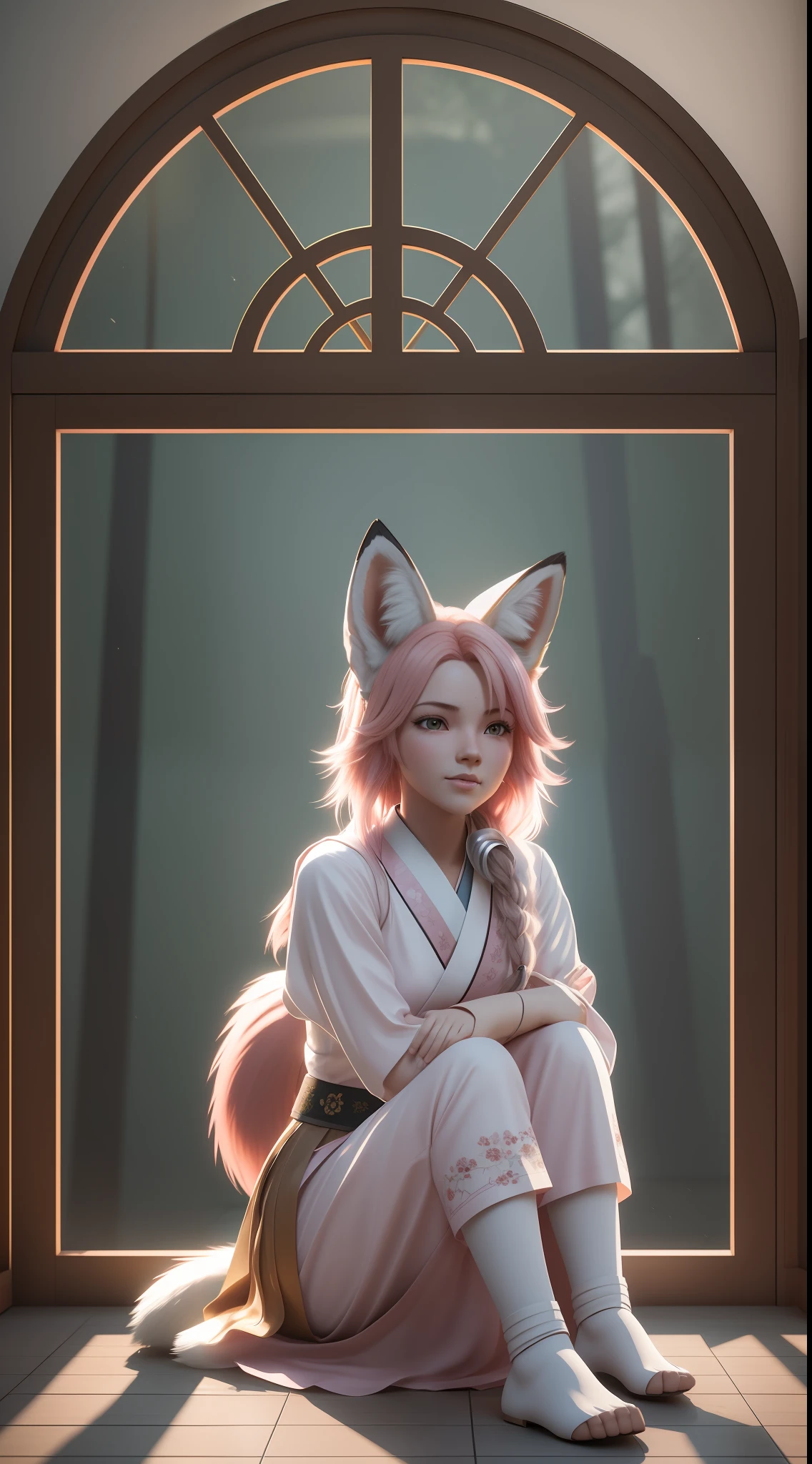 Beautiful girl with sitting by her Fox, wearing fox ears, schoolgirl uniform, pink hair, antique, antique japan, soji screen,1girl,1fox, photorealistic, ultrarealistic, best quality, award winning portrait, wallpaper, best composition, intricate details, rule of third, professionnal color grading, raytracing, soft lights, deep shadows, soft shadows, octane render, 3d render, amazing amount of details, cinematic lighting, volumetric lighting, volumetric fog, full body