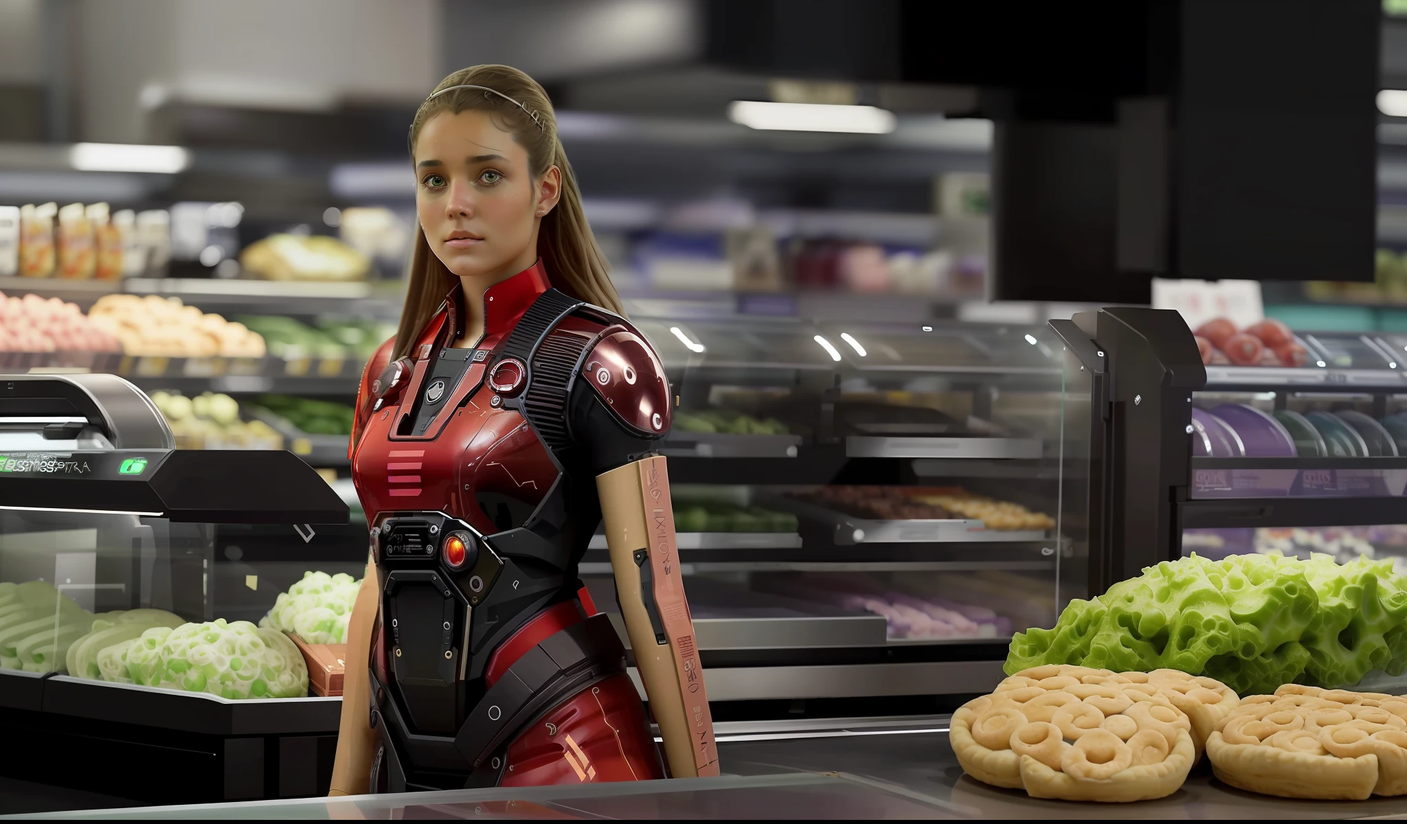 (Masterpies), the best quality, a mesmerizing cyborg girl, she stands at the checkout counter in the grocery store, scans the goods at the checkout, food racks and other customers are visible in the background, neutral dark tone.