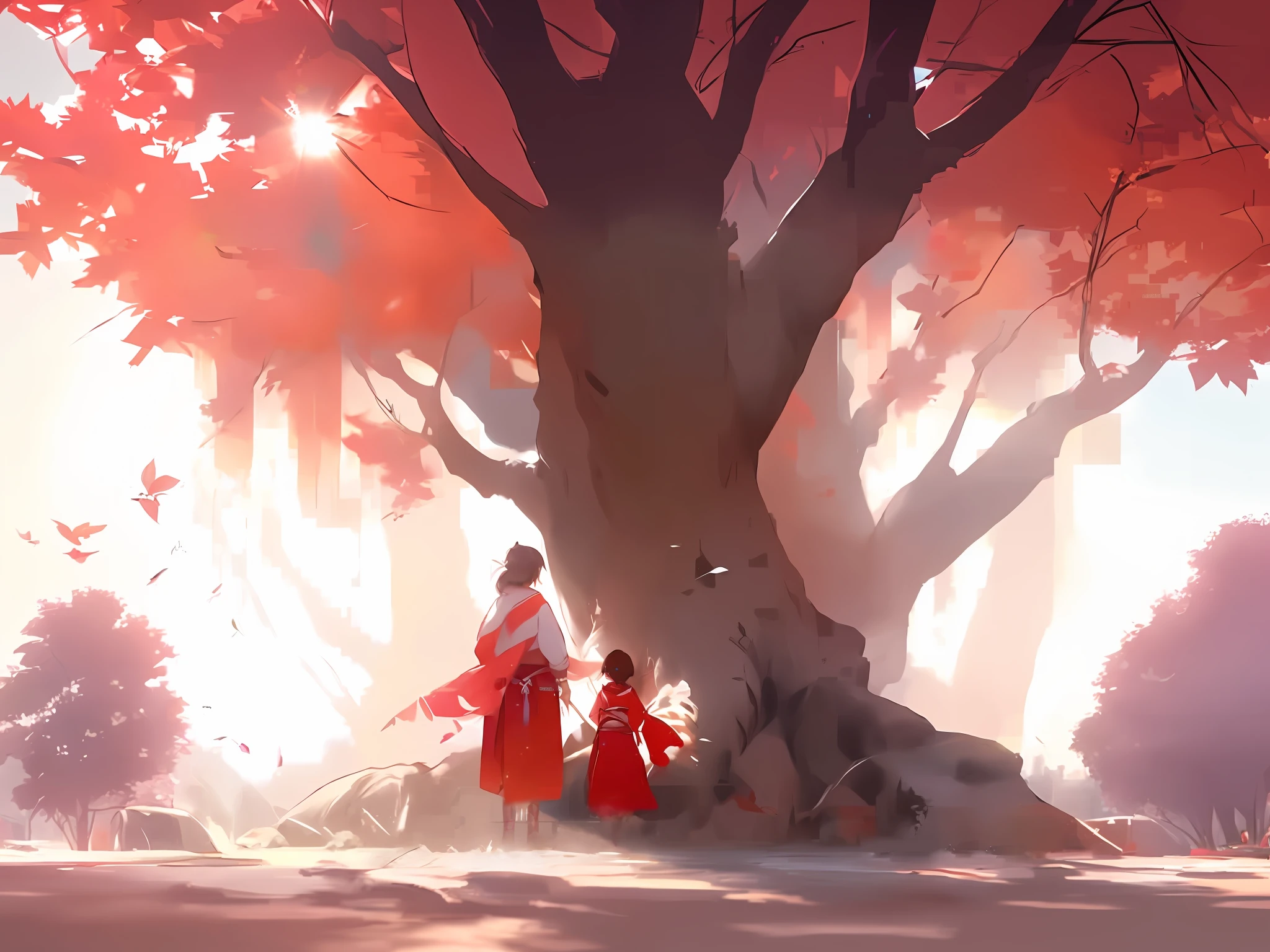 anime scene of a woman and a child standing under a tree, atey ghailan 8 k, rossdraws global illumination, krenz cushart and wenjun lin, guweiz, artgerm and atey ghailan, by Li Song, artwork in the style of guweiz, guweiz and makoto shinkai, ross tran. scenic background