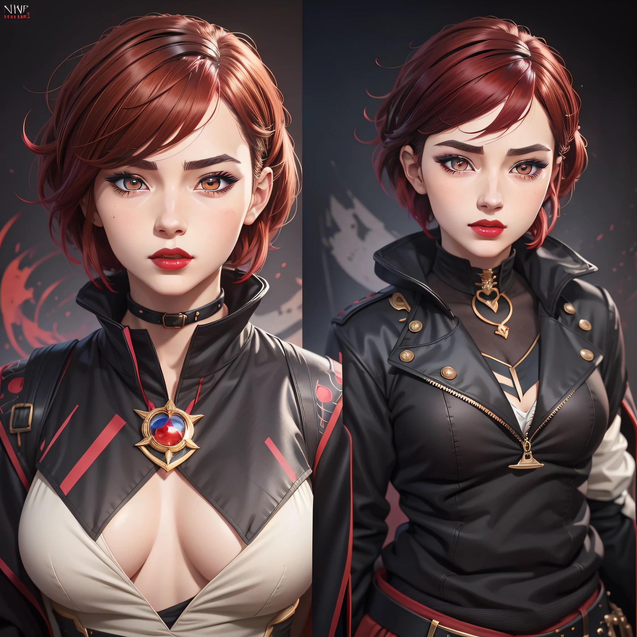 detailed illustration, 8k, anime, 1girl european traits, short hair, beautiful anime girl, wearing a black coat cute face, detailed face, beautiful eyes, detailed eyes, dark brown eyes, eye highlights, bright red lips, red lipstick, elegant beautiful hair, hair highlights, anime style, best quality, vibrant nvinkpunk and redshift style,