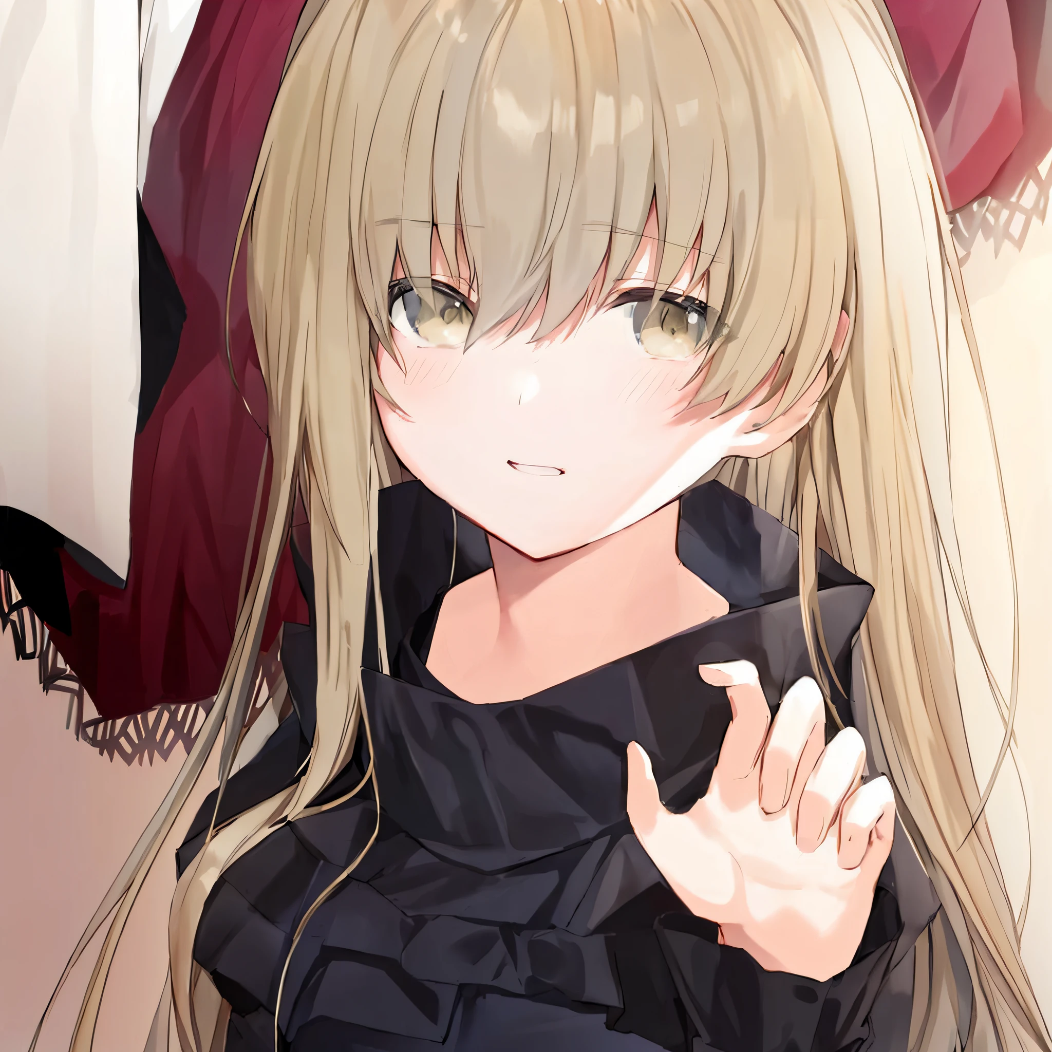 anime girl with long blonde hair and black top posing for a picture, anime style like fate/stay night, blonde anime girl with long hair, anime visual of a cute girl, marisa kirisame, from girls frontline, girls frontline style, girls frontline cg, anime girl with long hair, fine details. girls frontline, anime girl wearing a black dress, visual novel cg