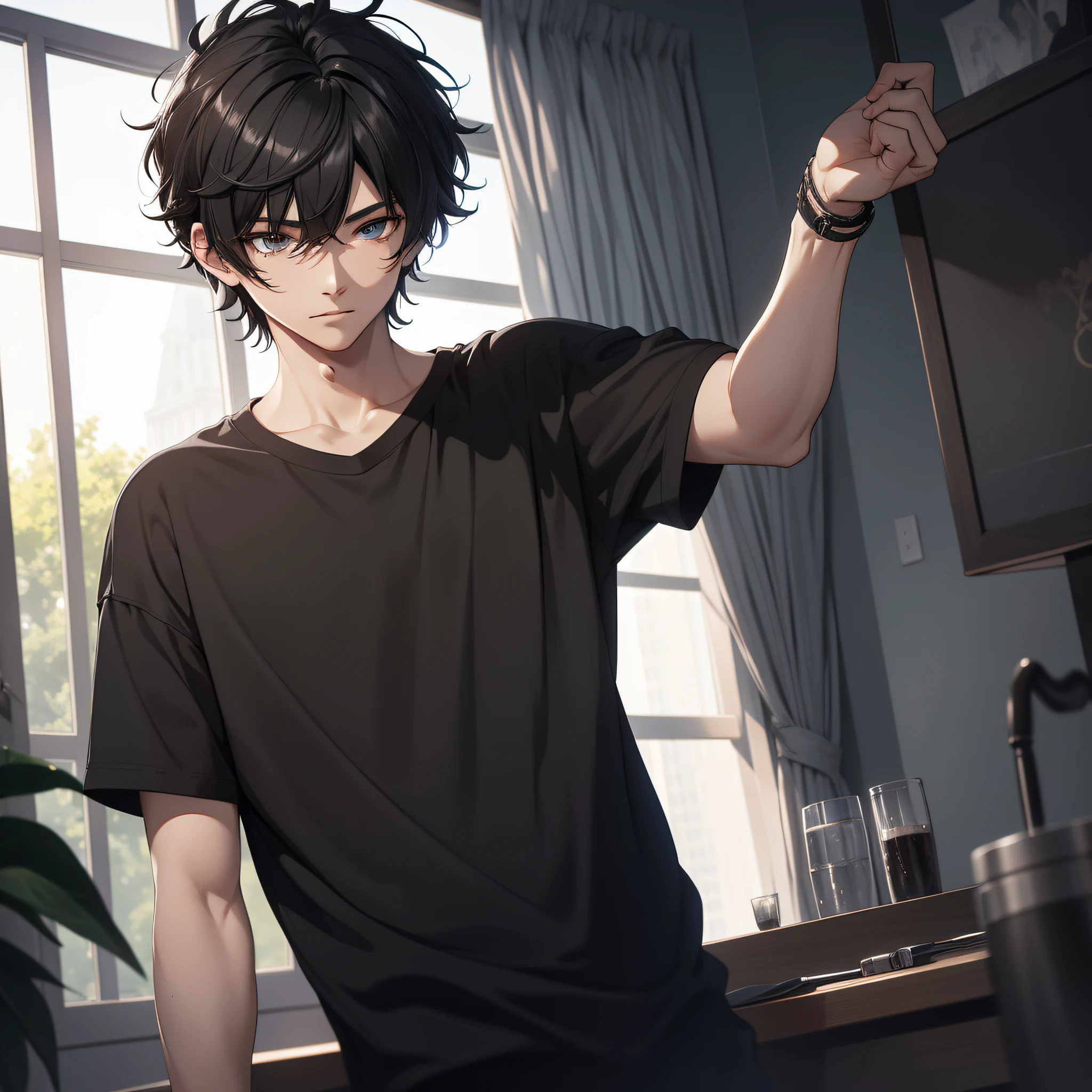 Absurd resolution, high resolution, (masterpiece: 1.4), hyper-detail, young man messy short black hair, black casual wear, open curtains