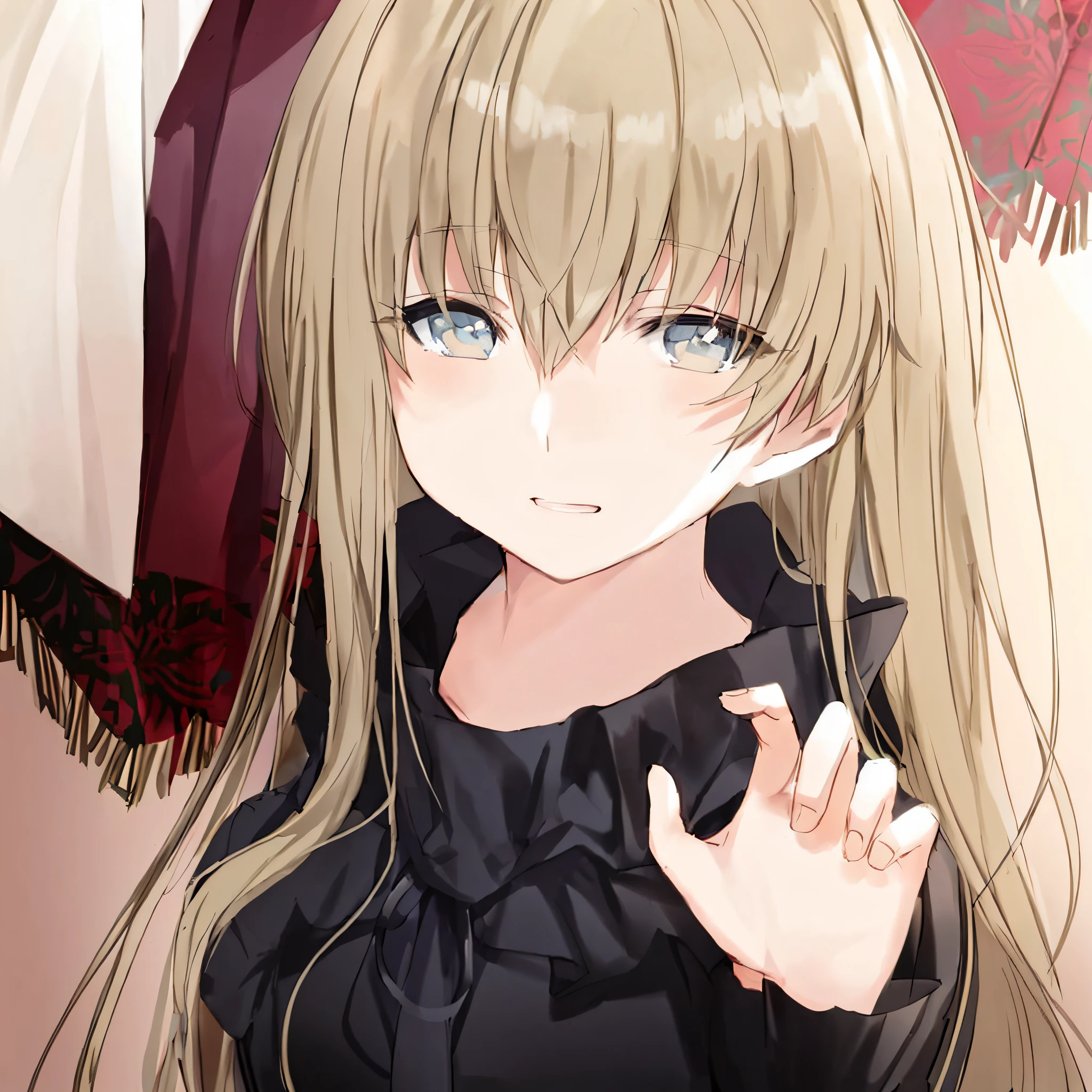 anime girl with long blonde hair and black top posing for a picture, anime style like fate/stay night, blonde anime girl with long hair, anime visual of a cute girl, marisa kirisame, from girls frontline, girls frontline style, girls frontline cg, anime girl with long hair, fine details. girls frontline, anime girl wearing a black dress, visual novel cg