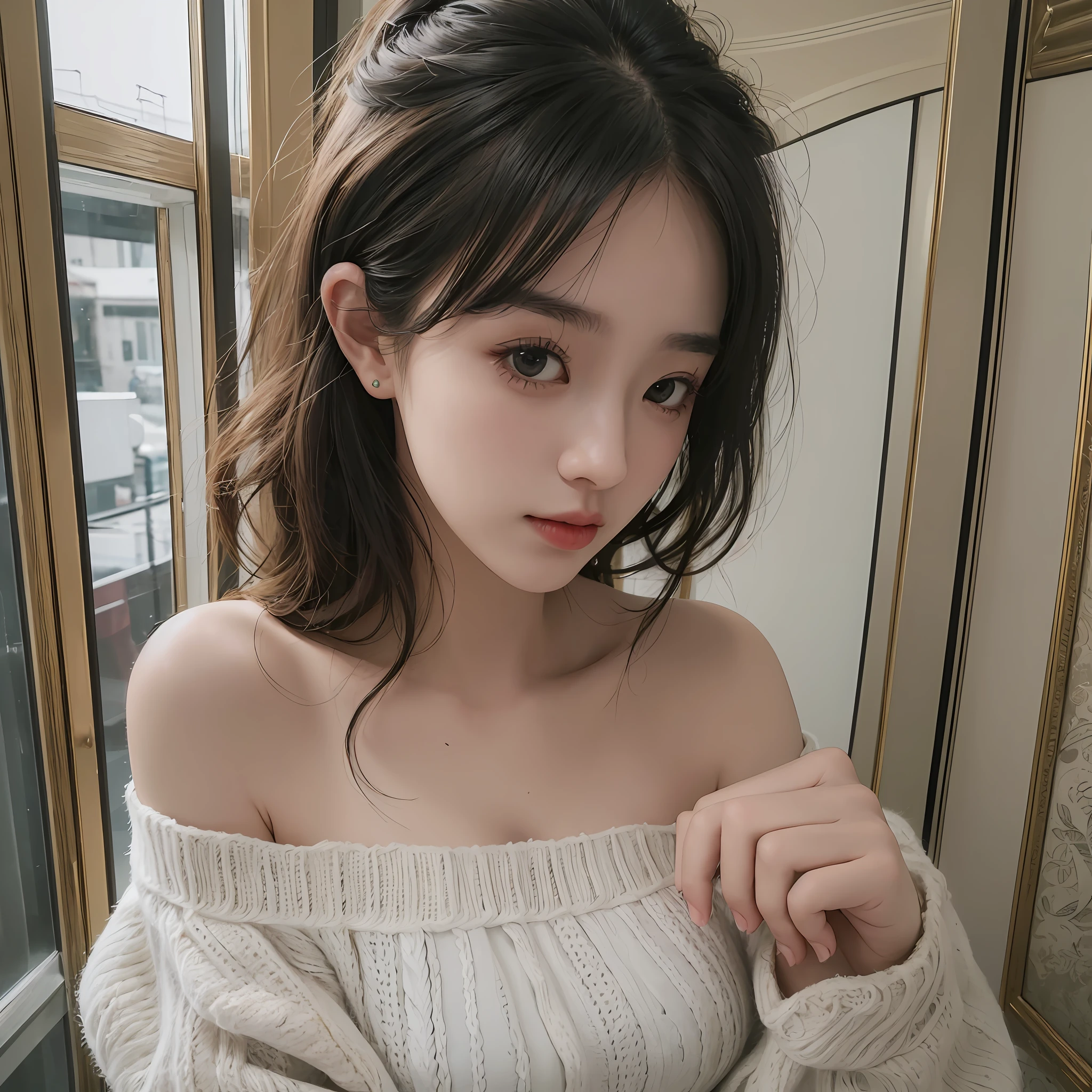 best quality ,masterpiece,ultra high res,(photo realistic:1.4), 1 girl, looking at viewer, Wearing oversized off-shoulder knit over lingerie, korean famous actress, very beautiful,kawaii, Cinematic, 35mm lens, f/ 1. 8, accent lighting, 8k, at luxury hotel --auto --s2