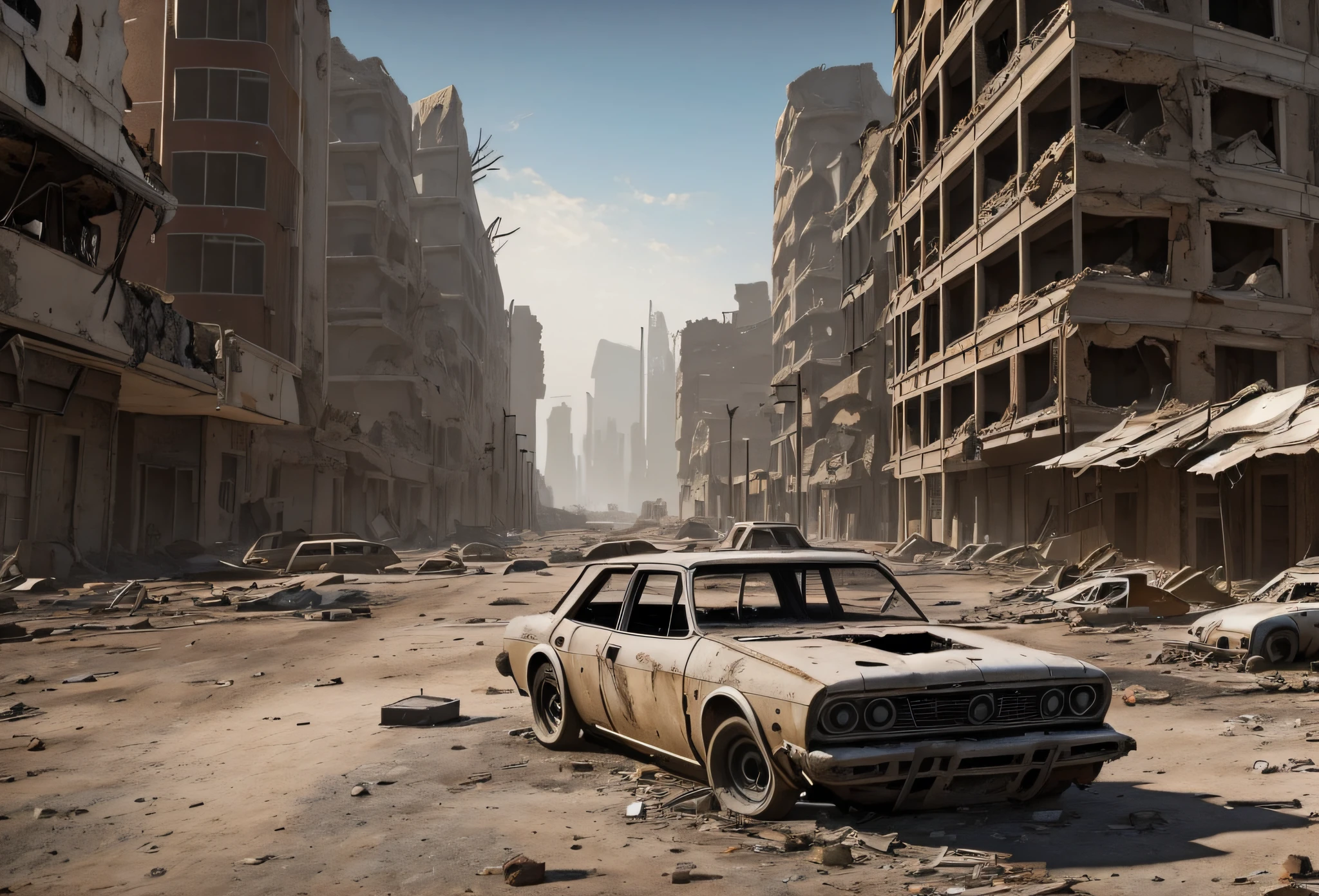 ltra realistic and ultra detailed an avenue with completely destroyed buildings on both sides, in a post-apocalyptic city, full of abandoned Cars in a post-apocalyptic city, in a ruined cityscape, post-apocalyptic hellscape, post-apocalyptic scene, apocalyptic scenario, post-apocalyptic atmosphere, apocalyptic architecture, in a post-apocalyptic scenario, in a post-apocalyptic desert, post-apocalyptic world, apocalyptic city, post-apocalyptic desert