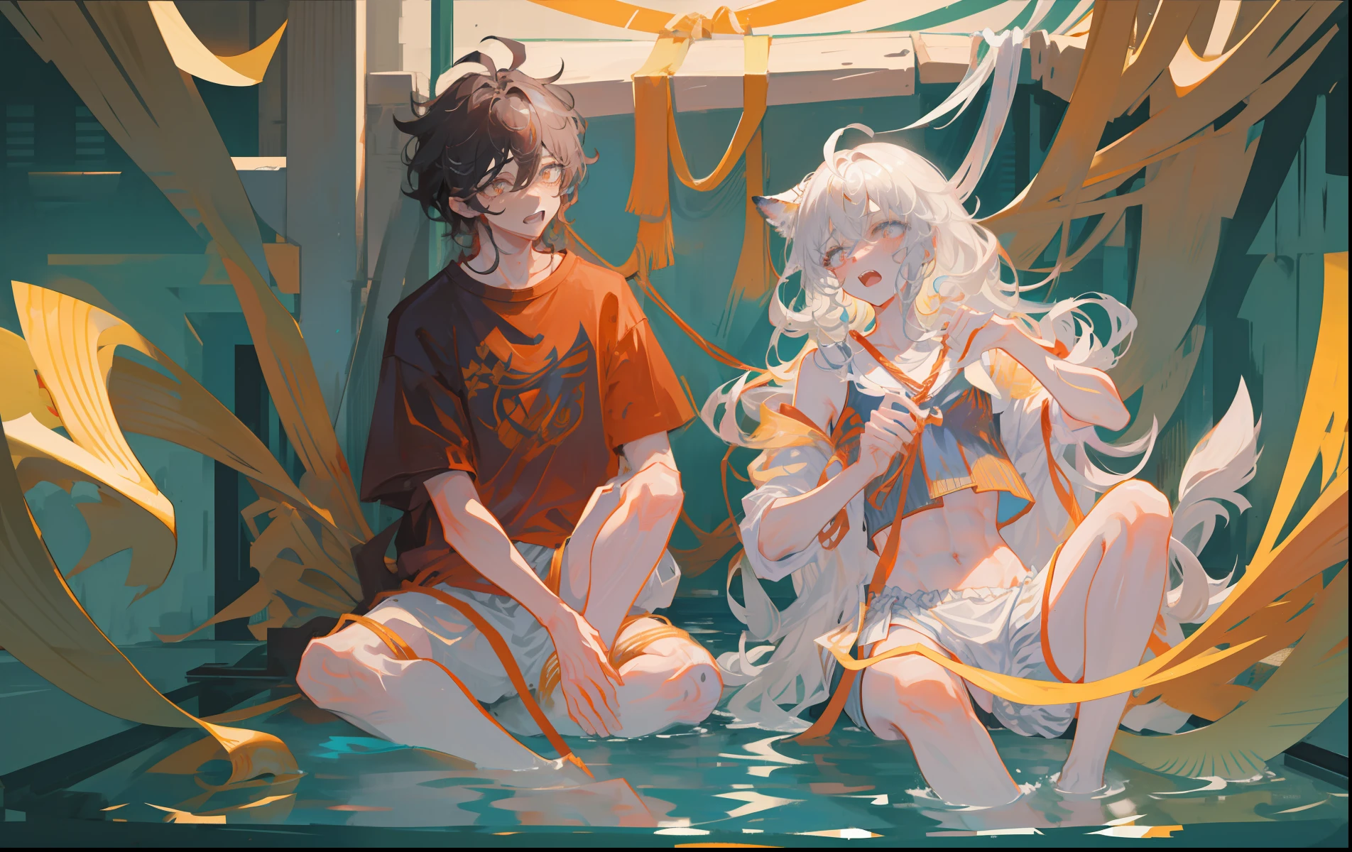 male middle point messy hair expression tiger teeth swimming pool boy pupils 8k best quality masterpiece very detailed wallpaper tease white skin body tied up with rope wrapped waist tears full body thin waist slim wet body zha open mouth saliva roll eyes tall
