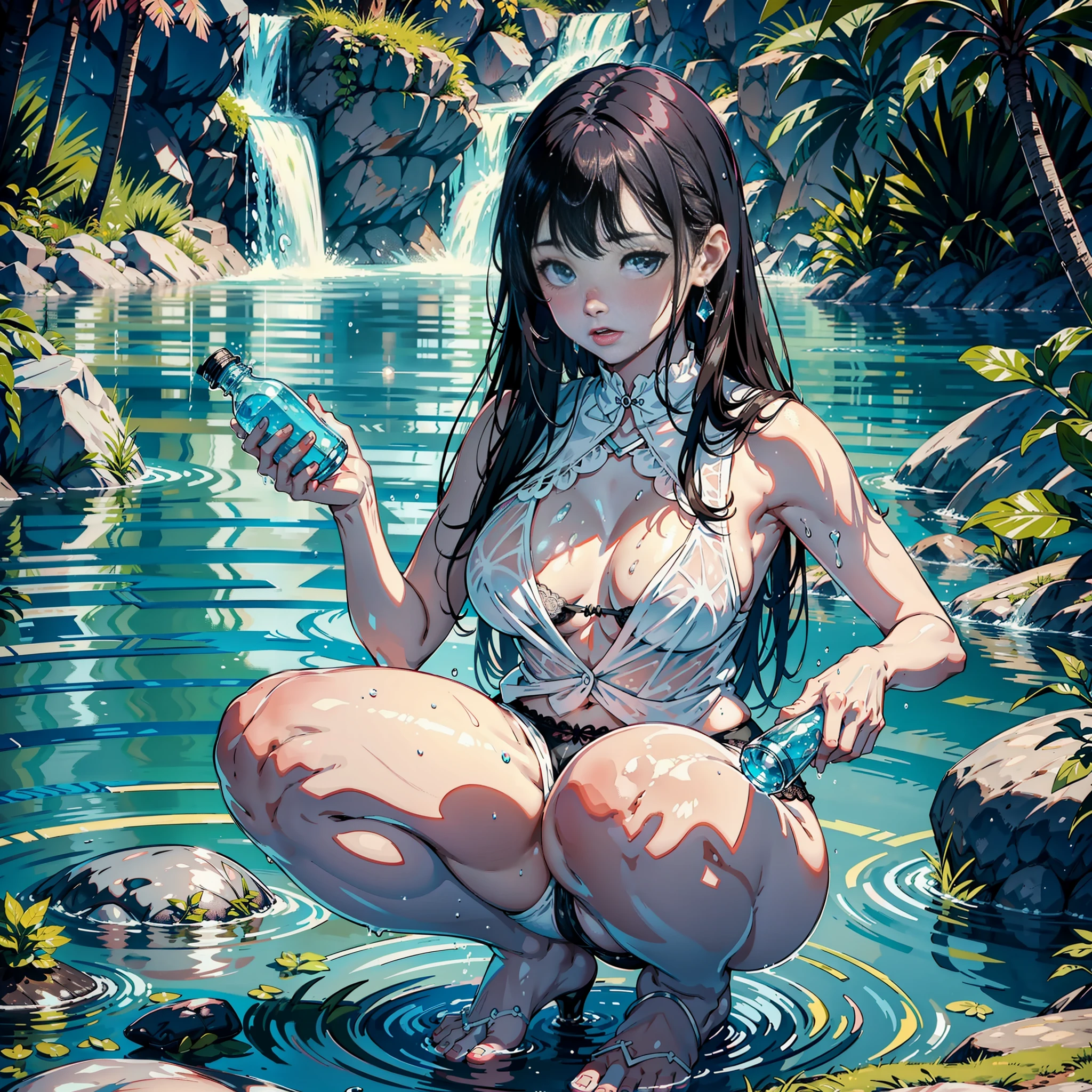 By a small lake in a forest, a beautiful woman with a white pink and plump body, facing the camera head-on, wearing black lace-trimmed underwear, a black transparent light gauze on her clothes, squatting with her legs in the shape of "M", holding a bottle of water in her hand, spitting out her tongue, pouring water on her tongue, the beautiful woman's body was wet with water, her whole body was covered with water droplets, and some water formed a small pool of water on the beautiful woman's big breasts