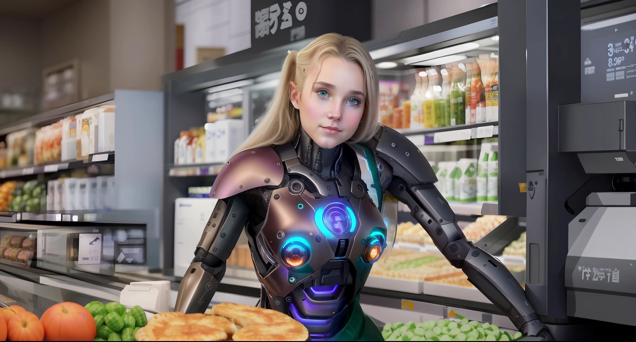 (Masterpies), the best quality, a mesmerizing cyborg girl, she stands at the checkout counter in the grocery store, scans the goods at the checkout, food racks and other customers are visible in the background, neutral dark tone.