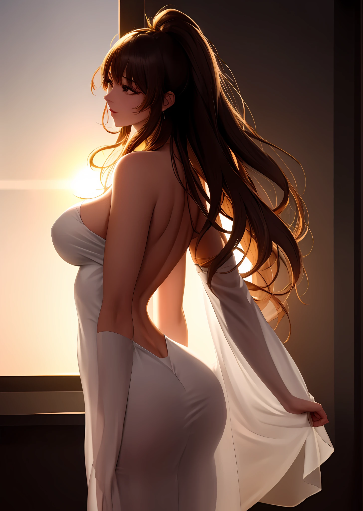 she has the most perfect figure, see-through silhouette, loose sheer lingerie, backlit, golden hour, the sun behind her, (ahegao:1.5, (head back:1.5)