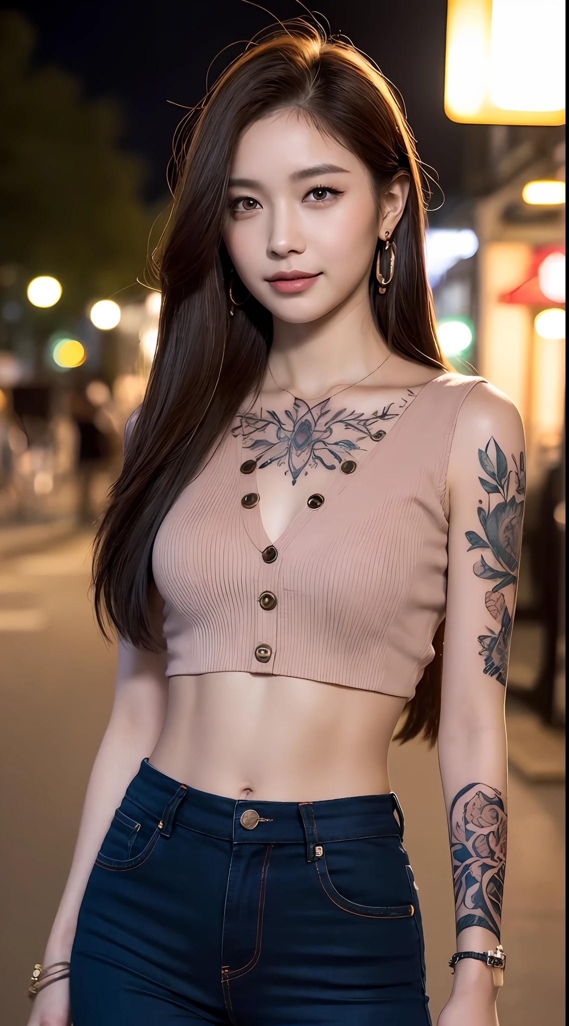 (Night, soft lighting, top quality, 8k, masterpiece, raw photo: 1.3),mysterious, beautiful young woman, fantasy, red colored eyes, slender eyes, symmetrical eyes, (highlight color hair, straight long hair, layer cut), earrings, thin bracelet on wrist, (full body, sleeveless shirt, shirt with buttons, tight pants: 1.2), super detailed, Intricate details, Highly detailed face and skin tone, slim body, beautiful abs, (body tattooed, tattooed all over body), detailed eyes, realistic, makeup, intellectual, bewitching, beautiful standing figure, small breasts, night street, invincible smile