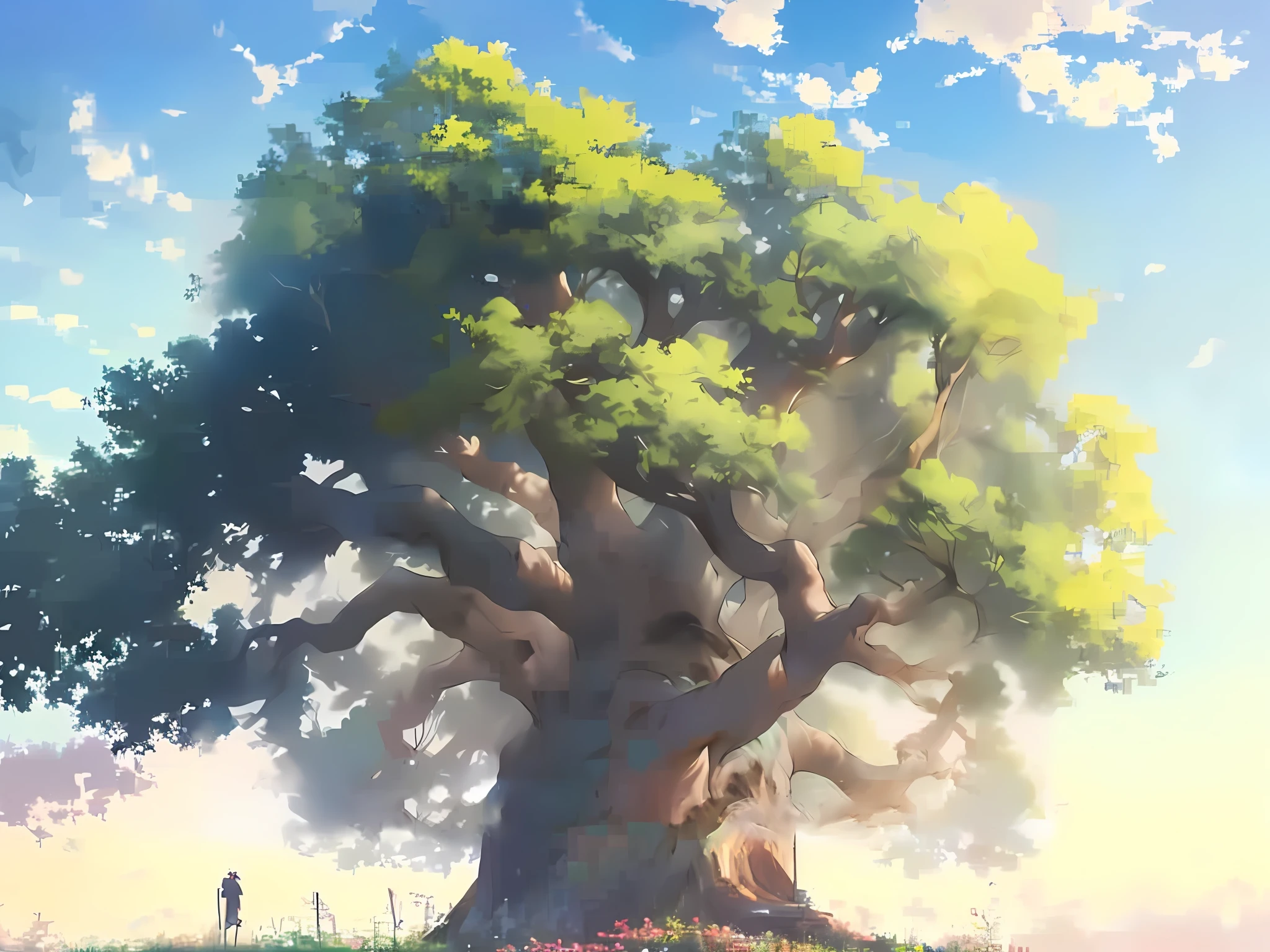 there is a painting of a tree with a bench underneath it, painted in anime painter studio, made with anime painter studio, studio glibly makoto shinkai, anime nature, anime background art, ross tran. scenic background, detailed anime artwork, overgrowth. by makoto shinkai, makoto shinkai. —h 2160, detailed digital anime art