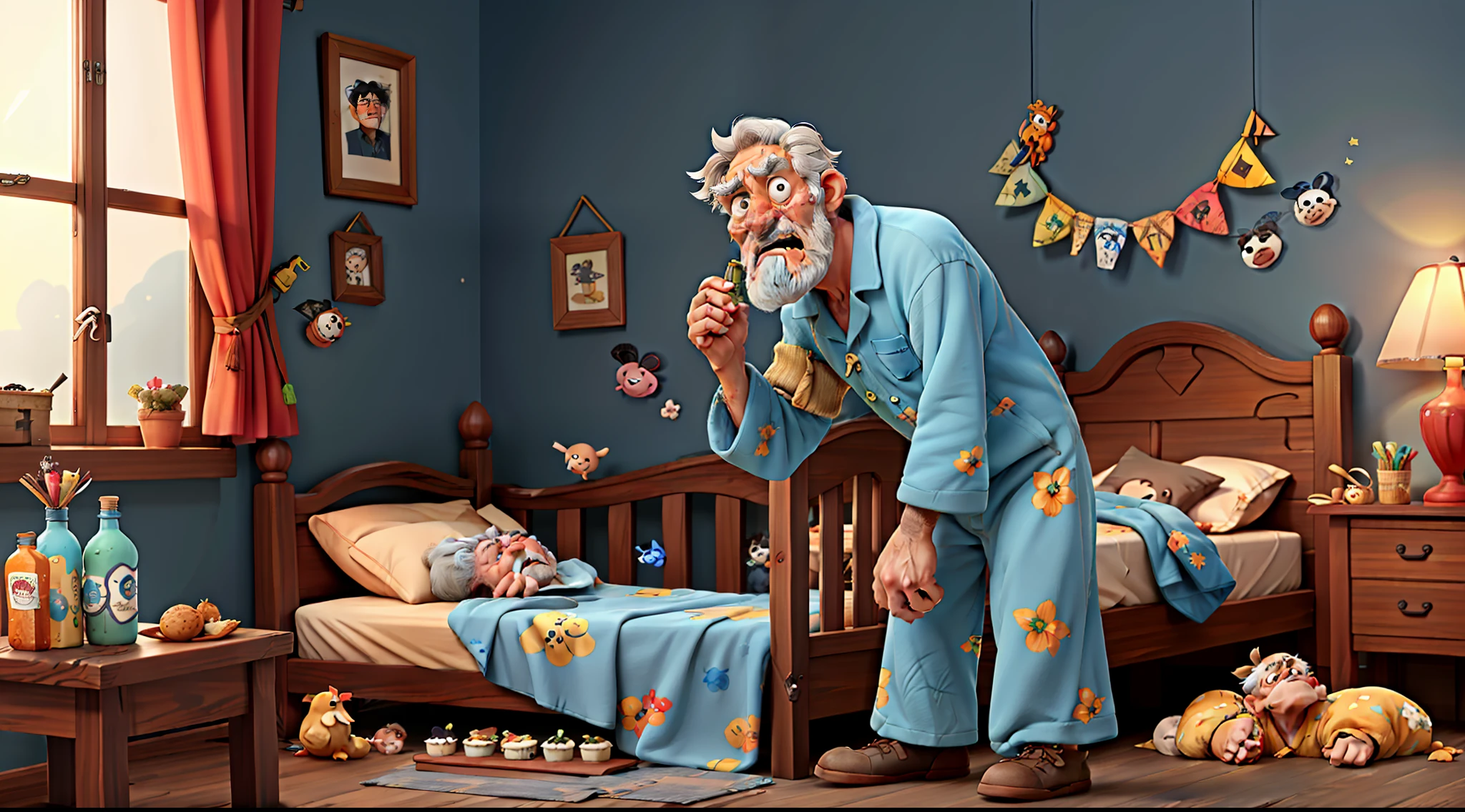 a dejected and sick old man lying in bed, wearing pajamas, is startled by the invasion of people who enter his room making a racket, carrying bottles of drinks, cakes, roast chickens and birthday presents