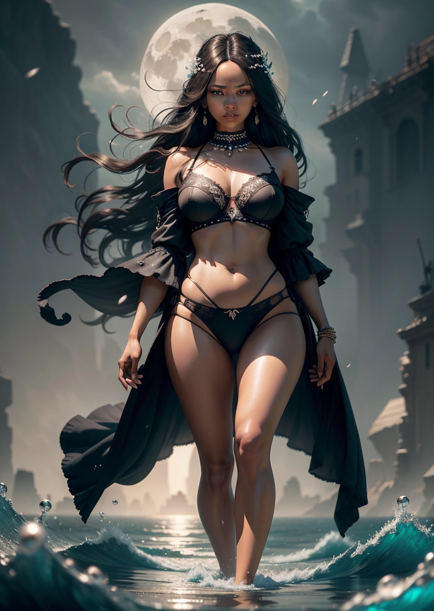 Yemanja, black woman, beautiful, walking on water on high seas, in a storm, shiny pearls falling from hands, flowers on sea water, Moon in the background, bra-raw, high quality, high quality, highly detailed CG unit, 8k wallpaper, award-winning photos, bokeh, depth of field, HDR, bloom, realistic, very detailed, trend in artstation, trend in CGsociety, complex, high detail, dramatic, art in the middle of the journey, volumetric lighting --auto --s2