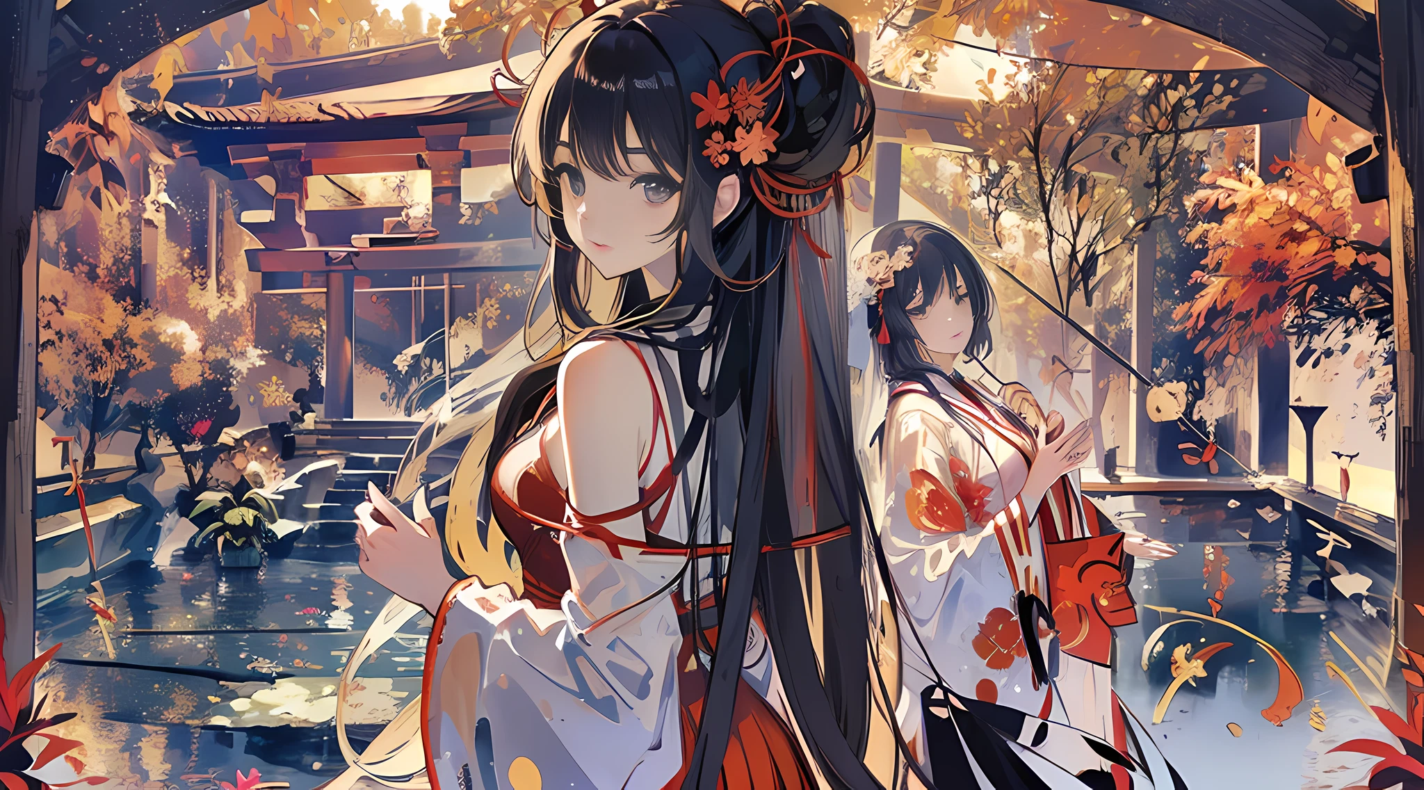 （front Face：1.4），(arms behind head,Hands curling hair behind your back:1.2),Japanese shrine maiden, sacred mirror, serene shrine, hands, gracefully, bind, long flowing hair,(Masterpiece:1.2, high quality), (pixiv:1.4),