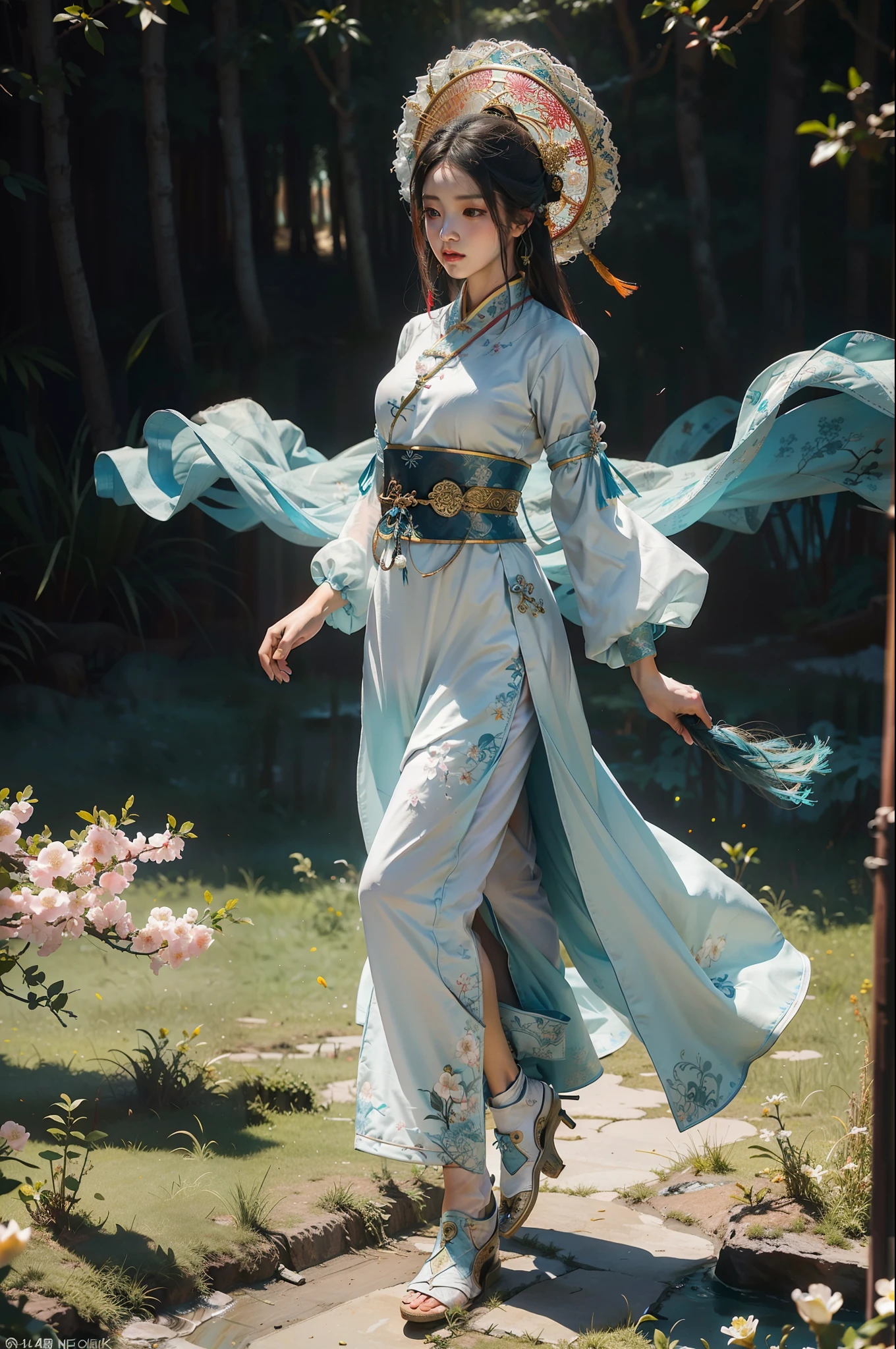 Zhong Fenghua, 1 girl, (full body:1.5) ,solo, hanfu, flower field, blossom, (white smoke:1.3) (realistic:1.4), zen entanglement, mandala, entanglement, official art, unity 8k wallpaper, super detailed, beautiful and beautiful, masterpiece, best quality, (dynamic angle: 1.4), glowing skin, (floating colorful flashes: 1) the most beautiful chaotic forms, elegance, brutalist design, bright colors, romantic depth of field,