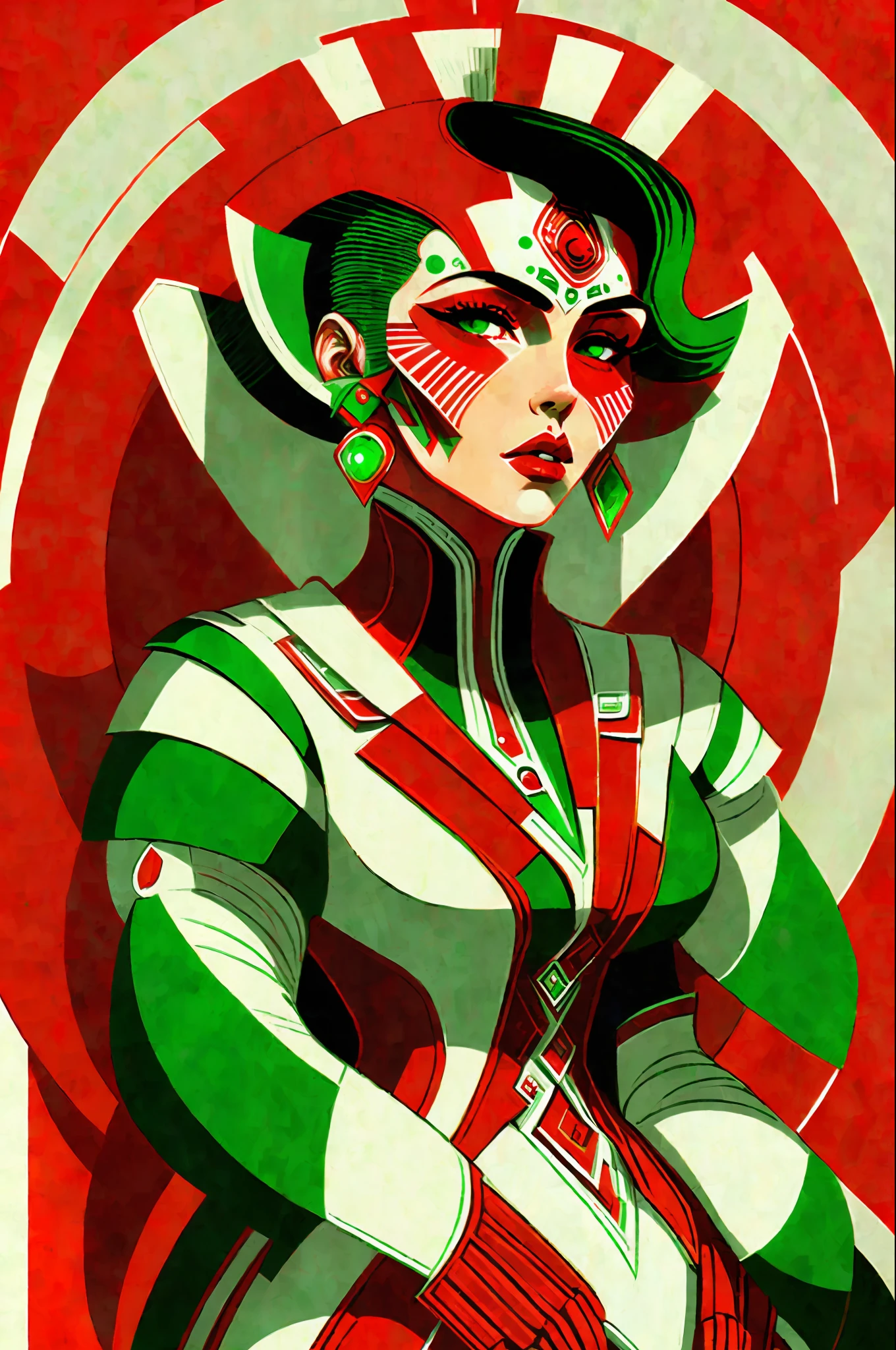 (masterpiece, 4k ,ultra detailed,raw photo:1.2),illustration,
(((1woman:1))), (mexican woman)
(red and white and green background:1.4),
(symmetry:1.2),
(art deco:1.4),
(retro-futuristic:1.4),
(minimalism:1.4),
(clean:1.4),
(flat_color:1.4),
(cyberpunk:1.4),
CCDDA Artstyle