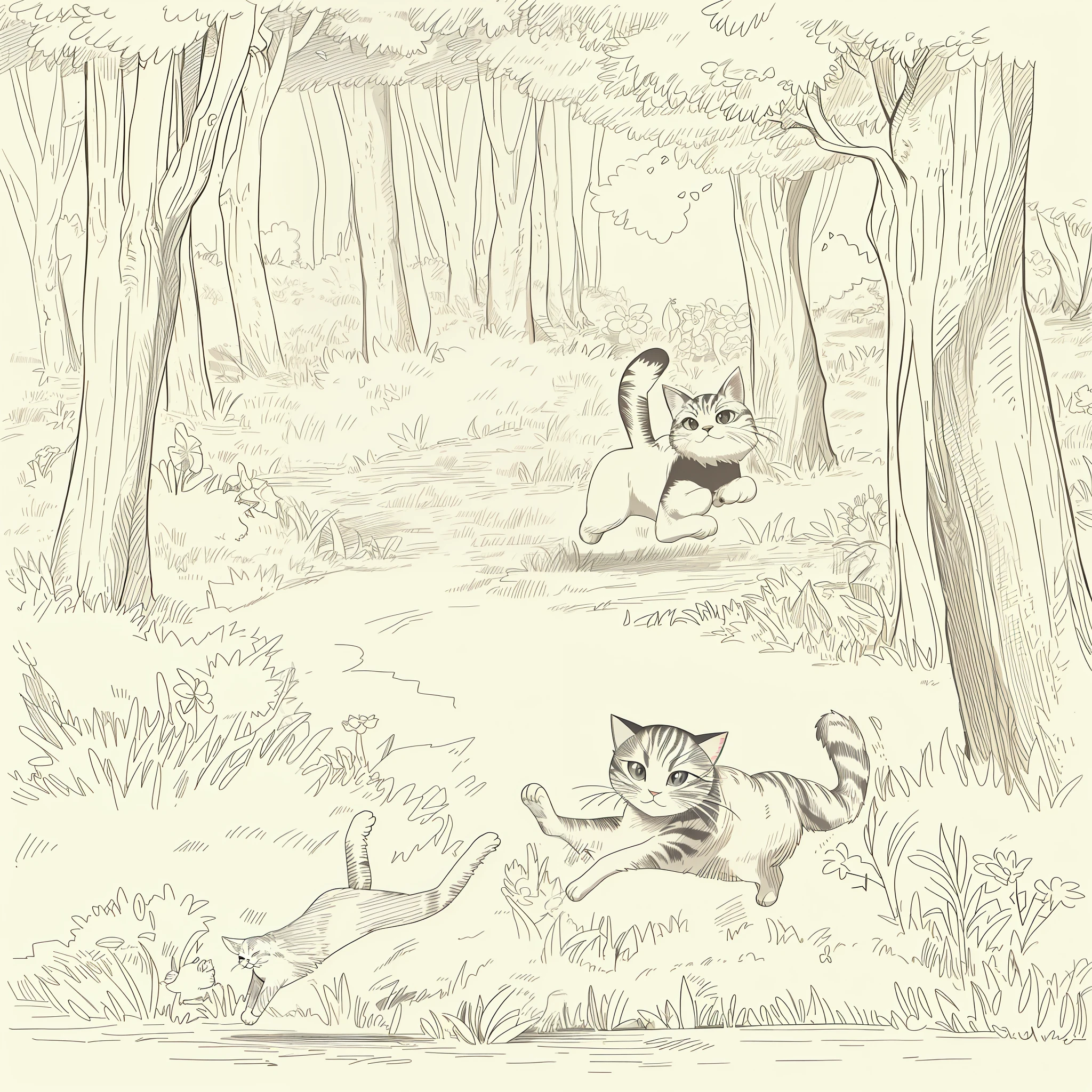 (High quality, 8k) line drawing, lineart, black and white, cute and fluffy cat running in the forest with trees and flowers