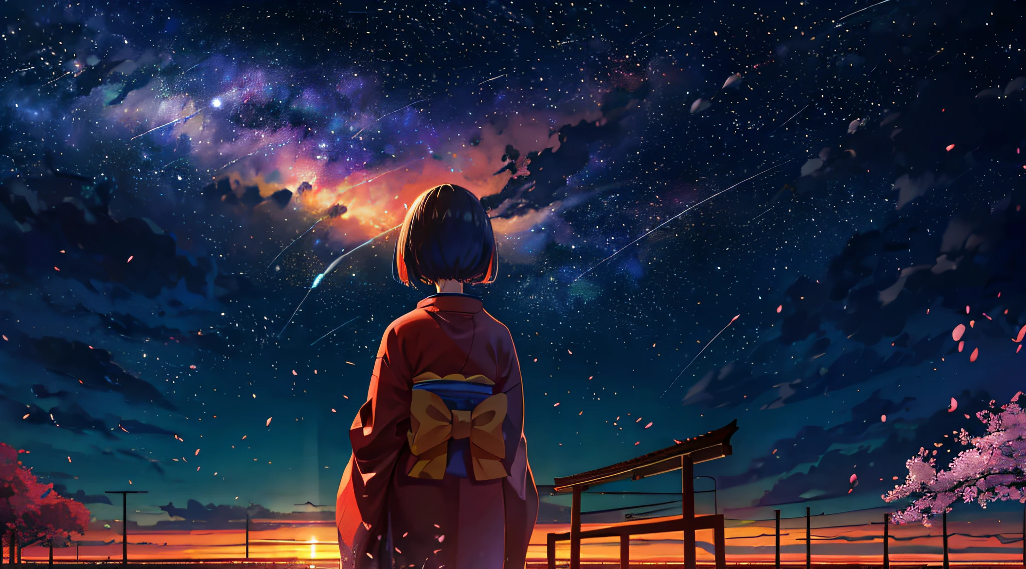 One, distant girl in kimono staring at the stars (reduced: 1.1), (meteor shower: 1.2), (comet: 1.1), your name, low angle, from behind, arrow labrealis shooting star, yukata, red kimono, cherry blossoms, highest quality standing in the field, masterpiece, clouds, colorful, starry sky, stars,