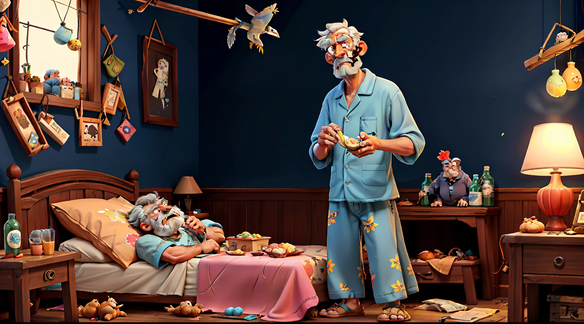 a dejected and sick old man lying in bed, wearing pajamas, is startled by the invasion of people who enter his room making a racket, carrying bottles of drinks, cakes, roast chickens and birthday presents