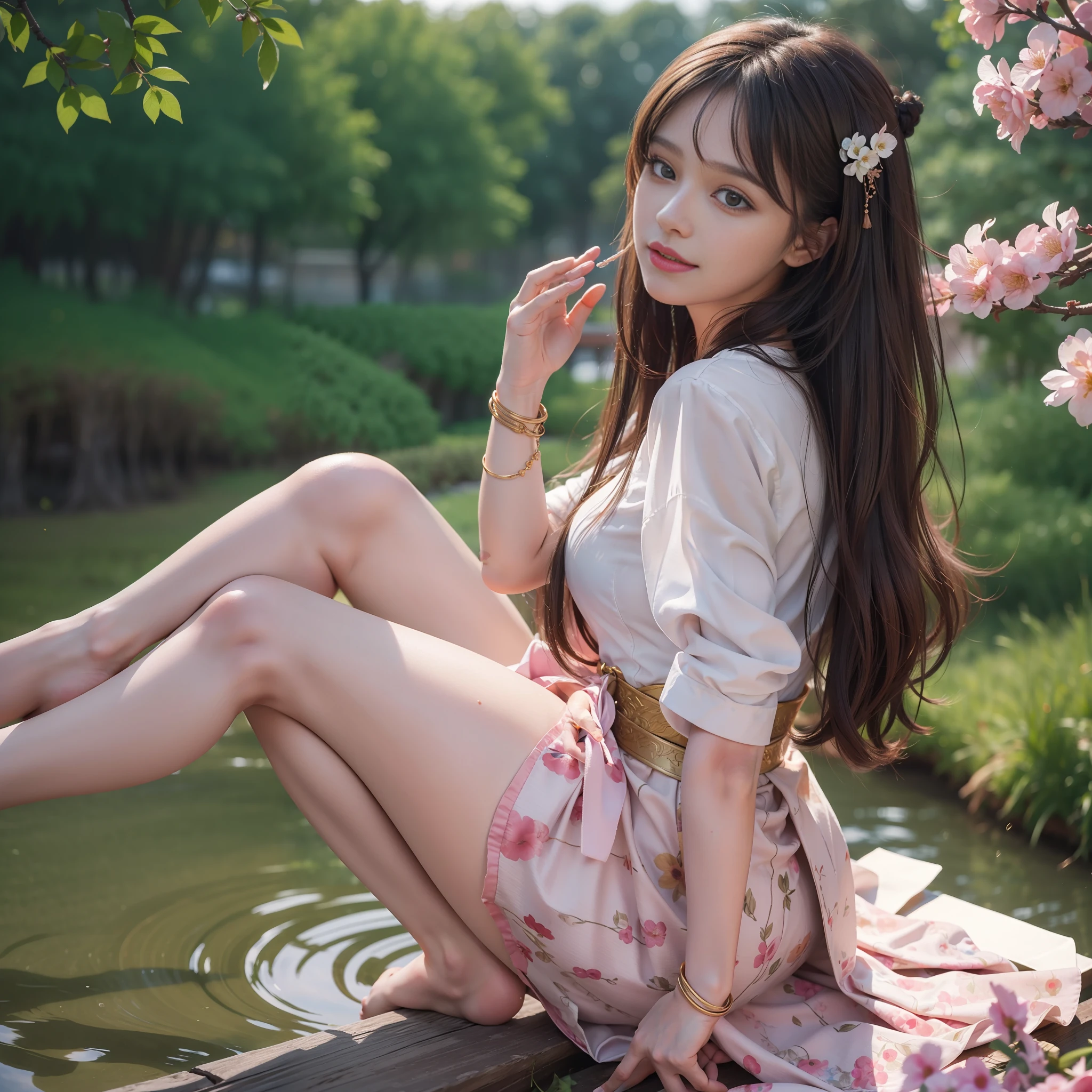 nsfw, 8K raw photo, best quality, masterpiece, super high resolution, film grain, film, 1girl, looking at the audience, natural skin texture, realistic eyes and face details, full lips, lipstick, (makeup), long fluffy hair, messy hair, smile, shut up, beautiful legs, thin, solo, hips posing at you, short skirt, ass, shirt, beautiful natural position, position of flowers around, (detailed background), blurred background, blur, holding, brown hair, bracelet, water, bangs, parted lips, lips, from side, hanfu, depth of field,