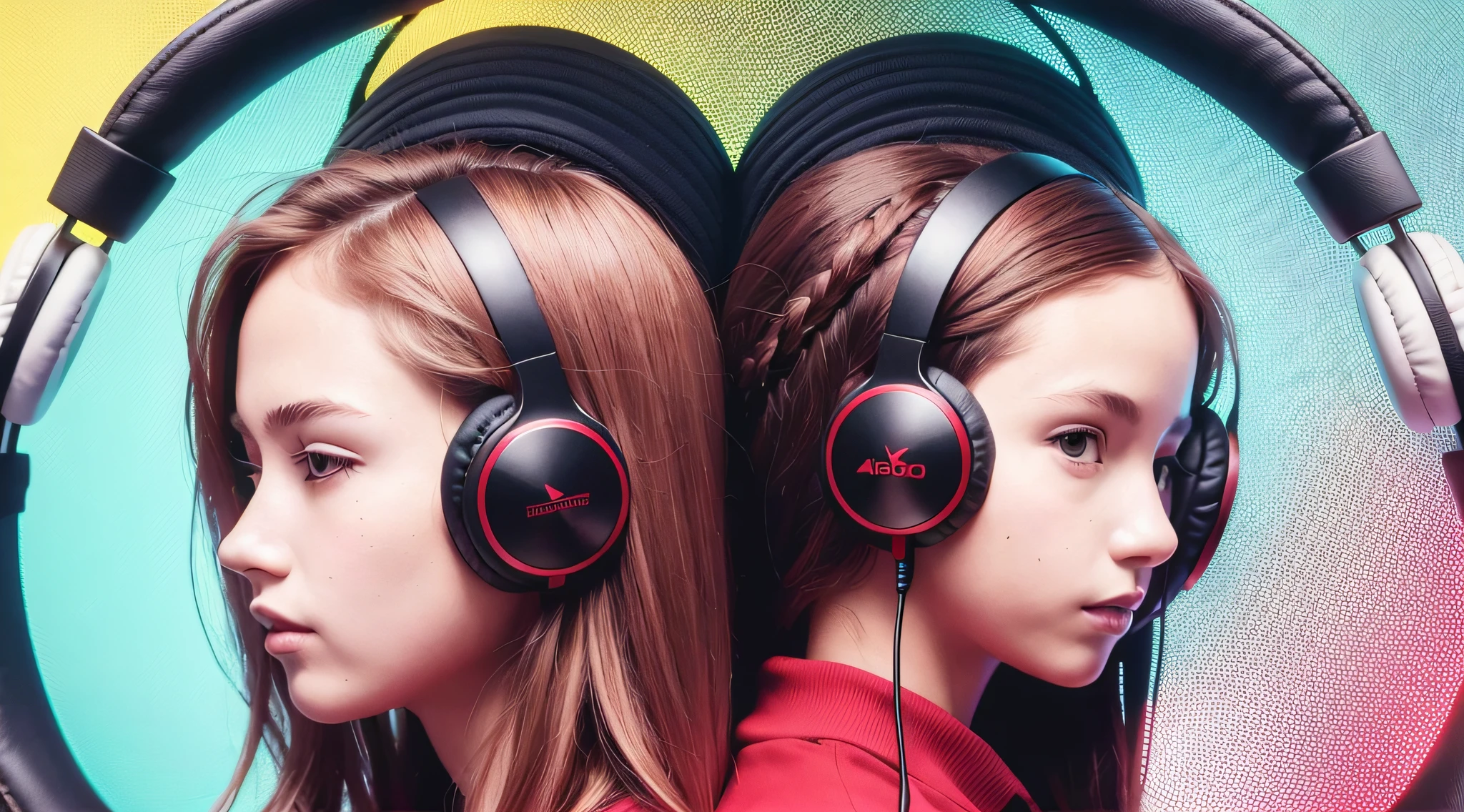 Three girls BLONDE KIDS IN BRAID, RED BACKGROUND, wearing headphones are posing for a photo, girl wearing headphones, wearing headphones, with headphones, with headphones, listening to music, headphones on, using a headphones, wearing black headphones, headphones, headphones, kids, professionally designed, tinnitus, giant rocking headphones, good music, using modern headset, using headphones, using headset for gaming