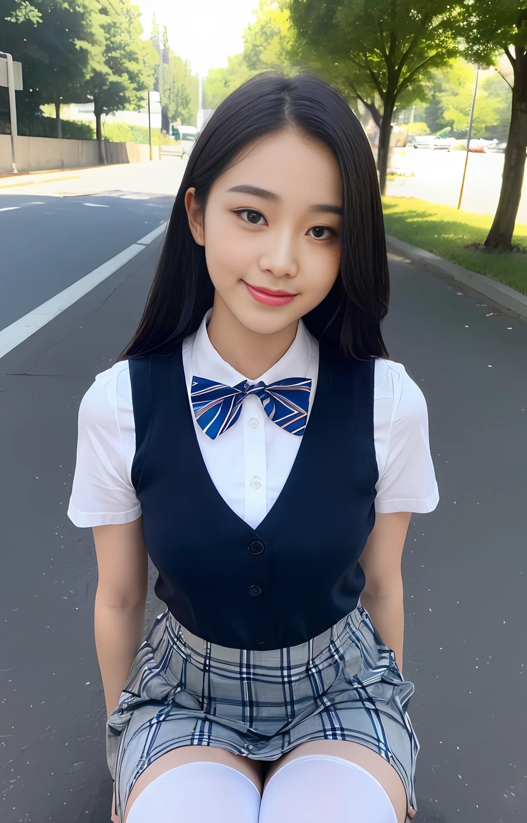 (8k, RAW photos, top quality, masterpieces: 1.2), high definition RAW color photos, professional photos, (realistic, photo real: 1.37), ((highest quality)), cinematic lights, (face of details: 1.2), (masterpieces: 1.5), (best quality: 1.2), nsfw, beautiful women, beautiful skin, 16 years old, 1 girl, slender beauties: 1.4, 18 high school girls sexy, white skin, double eyelids, delicate eyes, a white short shirt with short sleeves, a bow tie with a striped pattern, a dark blue vest, a pleated skirt with a plaid pattern, white sheer stockings, on the road, squatting and spreading the crotch, looking attractively at the front, half of the black hair is in the front, half in the back, smile
