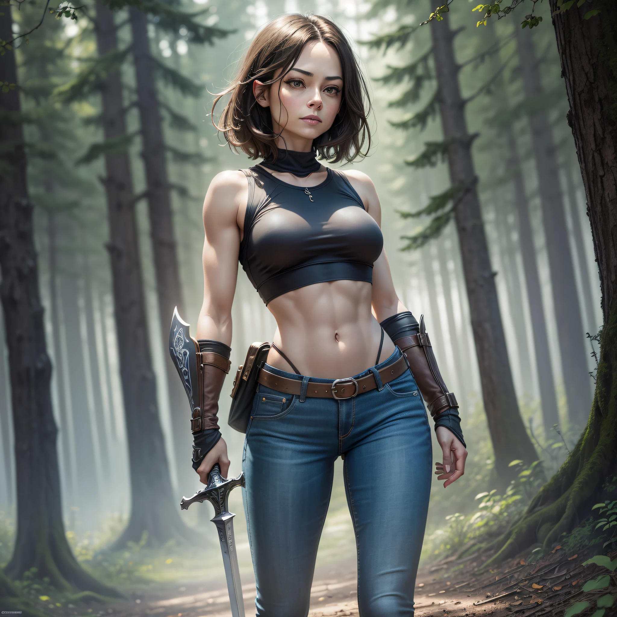 4k, Realistic,, Masterpiece, Best Quality, Official Art, unity 8k wallpaper, ultra detailed, (dark scene, soft light), cinematic look, high saturation, best anatomy, fog volume, slim body, full body, 1 Girl with Kristin Kreuk face, Short brown hair, , Hold sword, Simple background, Looking at audience, black eyes, short hair, Kristin Kreuk face, forest, tight jeans, --auto --s2