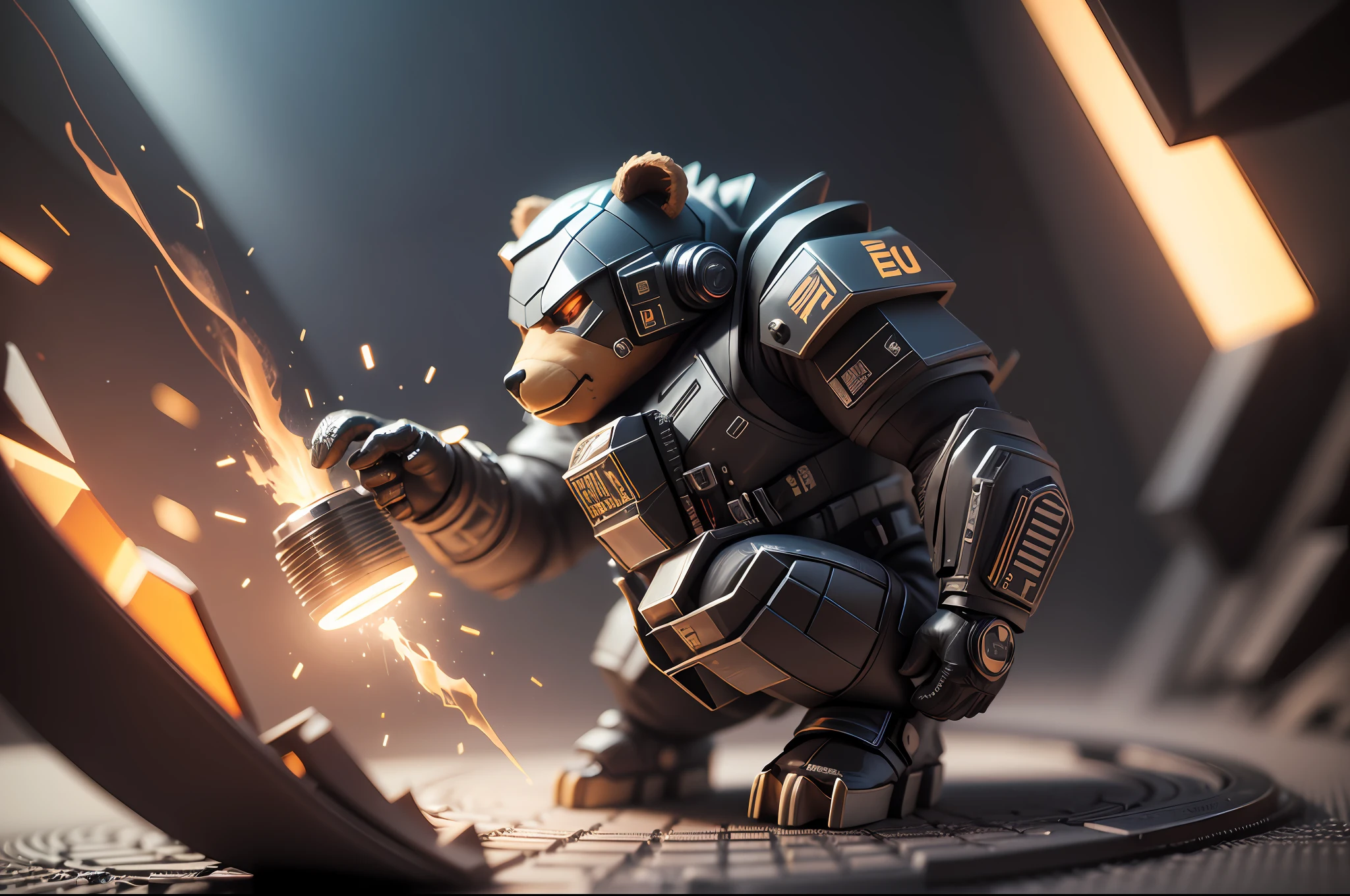 **3d miniature vinyl toy bear in leather clothing, destructive exploded isometric room, bottom angle view, 70s flare, side view, hyperrealistic, realistic lighting, diorama robots, octane render, macro photography, focus only on Cyborg Ape, unreal engine, overhead light, photorealistic, 8k, cinematic lighting, cinematic filter, hyperrealistic, unreal engine, light penumbra, Lighting dramatic, dark , 8k, movie character , 100mm lens, still film photography, shot with canon eos50D -- v3  - --auto --s2