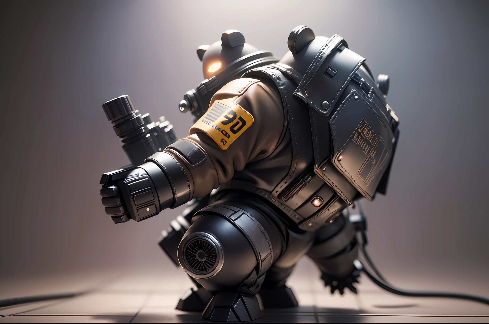 **3d miniature vinyl toy bear in leather clothing, destructive exploded isometric room, bottom angle view, 70s flare, side view, hyperrealistic, realistic lighting, diorama robots, octane render, macro photography, focus only on Cyborg Ape, unreal engine, overhead light, photorealistic, 8k, cinematic lighting, cinematic filter, hyperrealistic, unreal engine, light penumbra, Lighting dramatic, dark , 8k, movie character , 100mm lens, still film photography, shot with canon eos50D -- v3 - --auto --s2