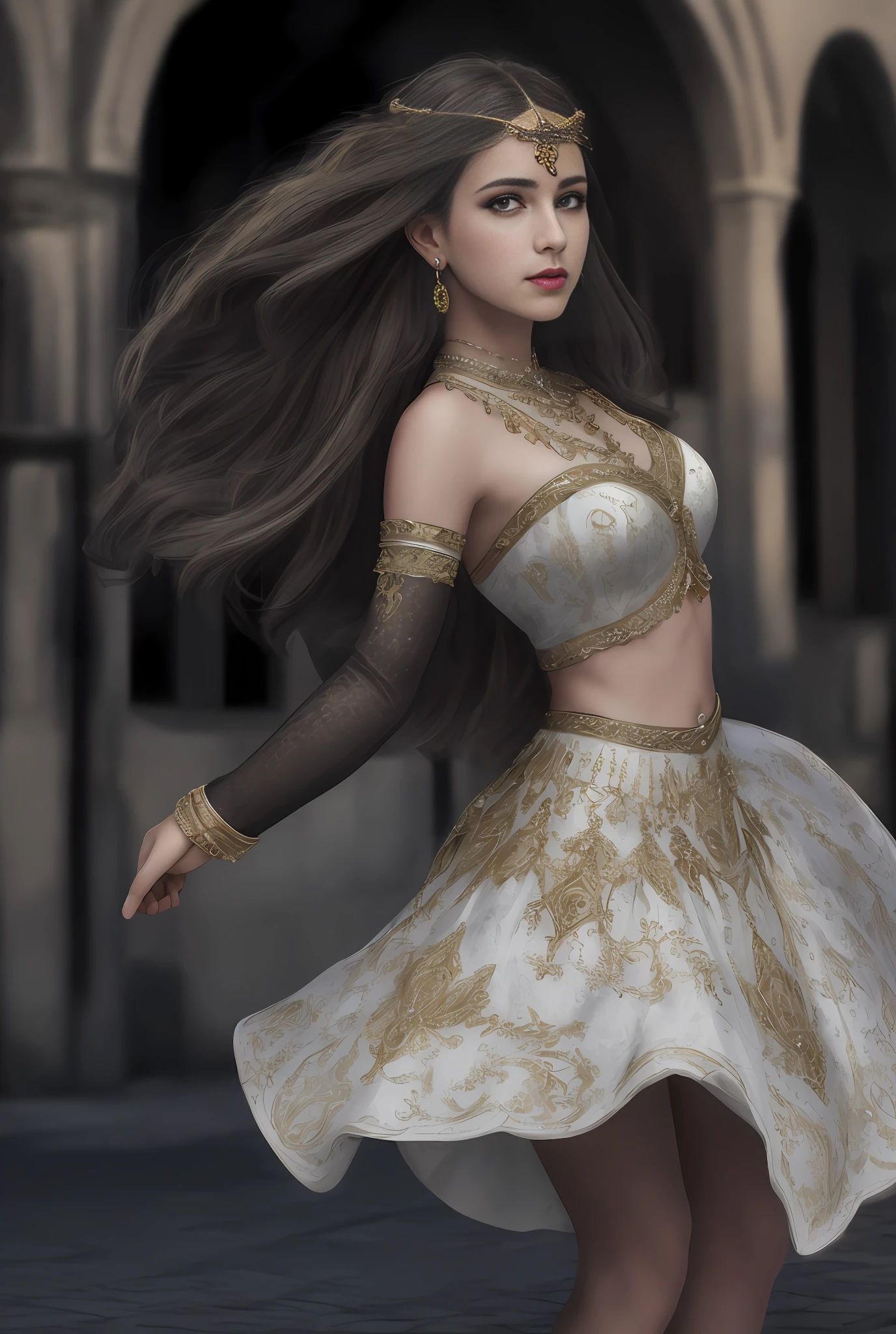 (masterpiece, best quality, realistic),
1girl,Prague Old Town Square background, gypsy dress, dancing, intricate, dark white dress, gold, gypsy person, banquet, crowd, picking up skirt,pale skin,
[slight smile],