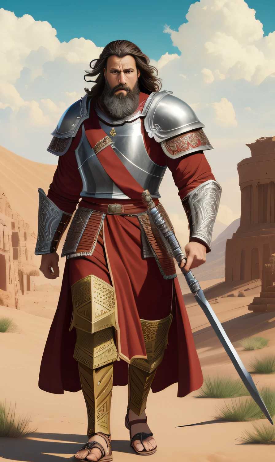 A weak man, brown hair, slightly gray brown beard, wearing ornate heavy armor, red robe, and Roman sandals on a desert road