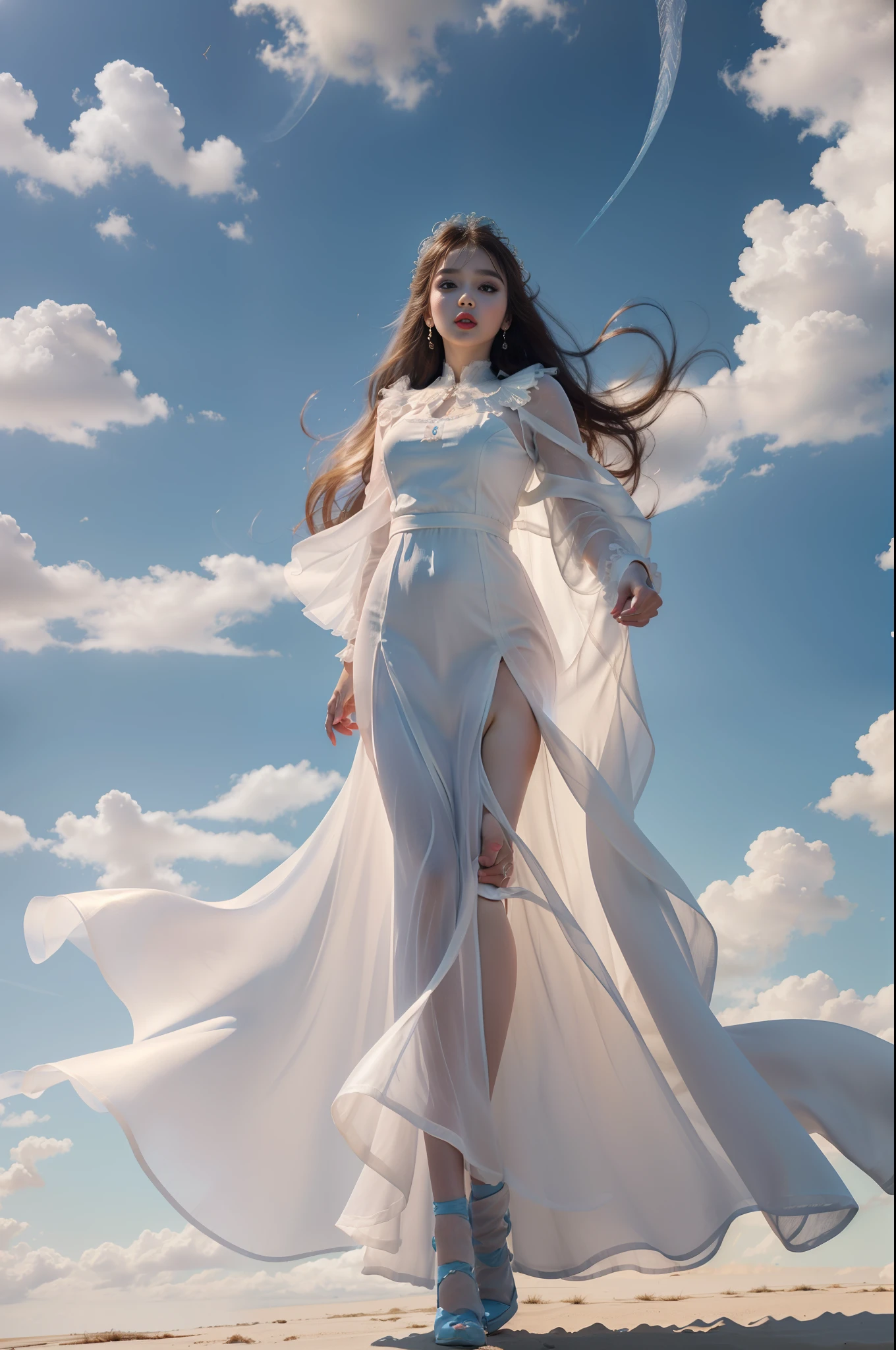 (8k, RAW photo, photorealistic:1.25) ,( lip gloss, eyelashes, glossy side, shiny skin, best quality, ultra high resolution, depth of field, chromatic aberration, caustic, wide light, natural shadow, headwear, kpop idol) ,light pink and blue style, 1girl, (blue sky: 1.5), tall and thin beauty goddess, flowing dress, conservative girl, cloud goddess, flowing white fabric, wearing a flowing dress, realistic, (Blue sky and white clouds in the background: 1.4), (wind: 1.5), (Full body: 1.5), nhjy, a dress with a cape and a capelet on it