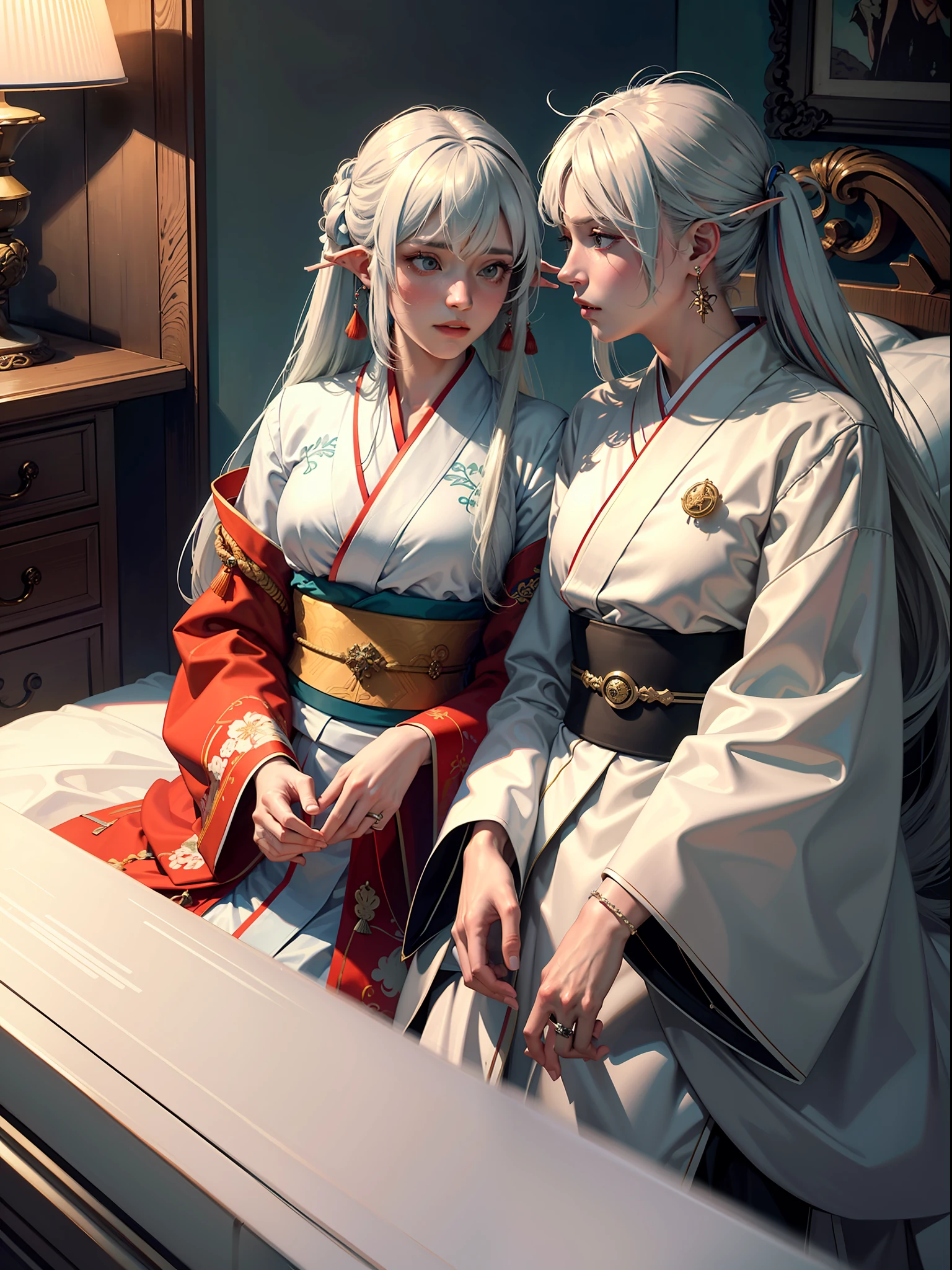 Concept Art, "1 Couple, Male Focus, Fin Ears, Multicolored Hair, Handsome Boy, Long White Hair, Tassels, Bangs, Carp, Colorful, Bold Colors, White Kimono, (Open) Kimono, Traditional Chinese Clothing, Close-up, Intimate Interaction in Bed, Stud Earrings, Rings, Sweat, Illuminate People", Colorful, Master Composition, Focus on Key Figures, Realism, Masterpiece, Award-Standing, Best Quality, Masterpiece, Ultra Detailed, 8K, Extremely Detailed CG Unity 8k wallpaper, complex, highly detailedrealistic