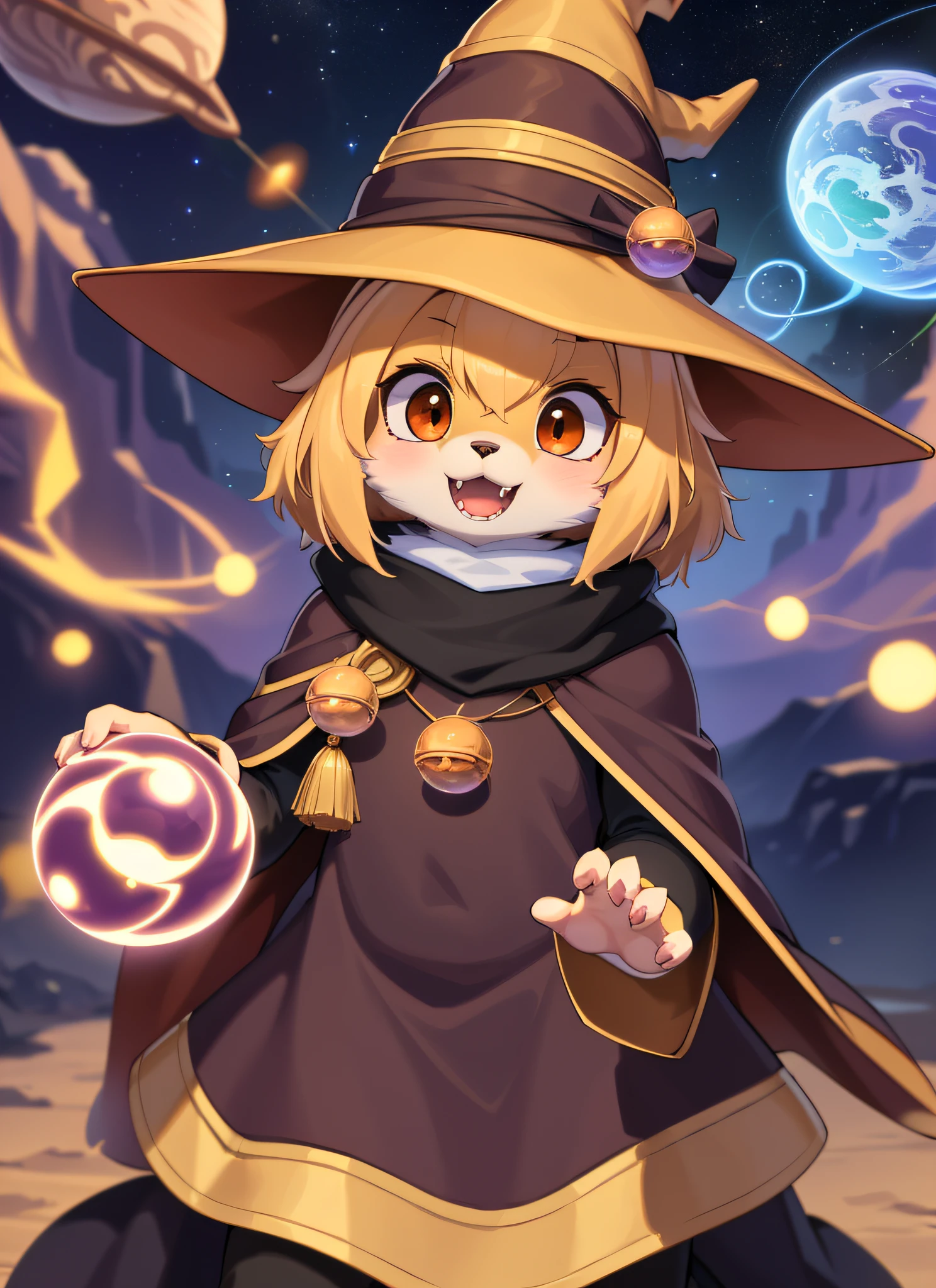 masterpiece, high quality portrait, 3D realistic CG, dramatic lighting, intricate details, sharp focus, 16k, anthro, furry, (cub), (whiskers), solo child boy, wizard hat, cape, scarf, (surprised), (magic wind orbs:1.4), (reaching hand out), (outer space planets), (by kekitopu), full shot