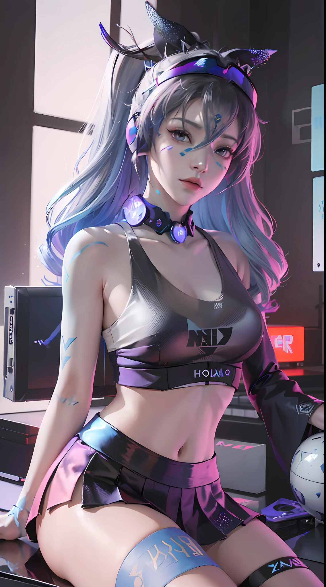 (((((7 avatar shot)))), Silver Wolf, Masterpiece, Best Quality, Ultra Detailed, Extremely Detailed 16k CG Wallpaper, Beautiful Face, (Silver Wolf in Esports Room), (Perfect Beautiful Curved Figure), Seated, Rainbow Color Jewel Eyes, Wearing Resin Hologram Sports Bra, Crop Top Drape, Mini Pleated Skirt, Bell Collar, Logo, Impotence, Contour Light, Concert, Neon Sign, Audio, Bell Collar, Esports Headset, Computer, Esports Room, Play Games, White Interior Through Red Skin, holographic projection, flat sphere, graffiti logo, highly detailed tattoo_,
Authoring information