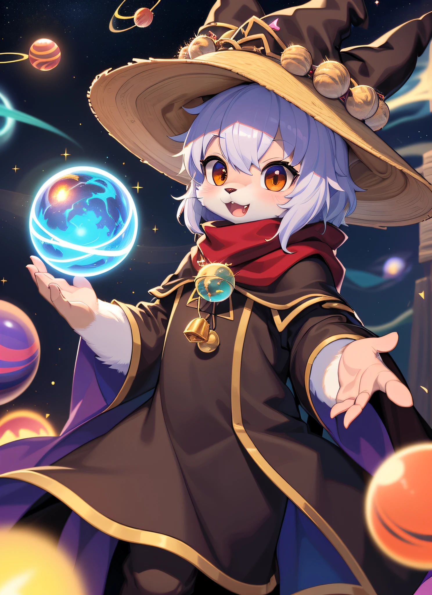 masterpiece, high quality portrait, 3D realistic CG, dramatic lighting, intricate details, sharp focus, 16k, anthro, furry, (cub), (whiskers), solo  boy, wizard hat, cape, scarf, (surprised), (magic wind orbs:1.4), (reaching hand out), (outer space planets), (by kekitopu), full shot