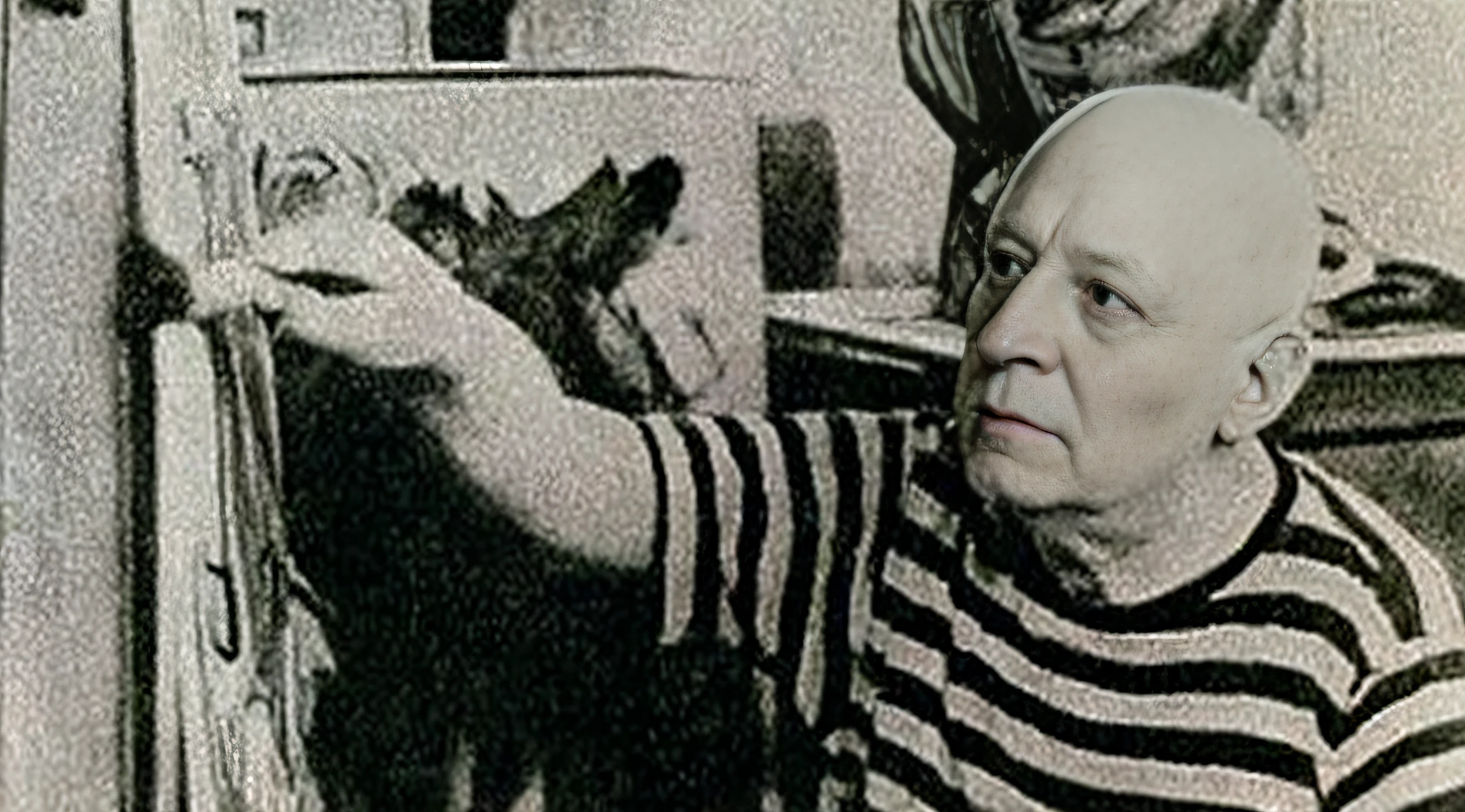 Man in striped shirt looking at a cat in a refrigerator, Pablo Picasso and Mark Brooks, Giorgio di Chirico, Juan Miro, Aleister Crowley, Pablo Picasso painting, Eero Aarnio, Picasso and Moebius, Marc Davis, Jackson Pollock painting, Joan Miro and Moebius, Picasso style, H.R.Giger, Fritz Willis, bald man, pablo picasso, fat, seer in trance, elderly bald, shirt with black and white stripe horizontally, dramatic lighting, face without skin