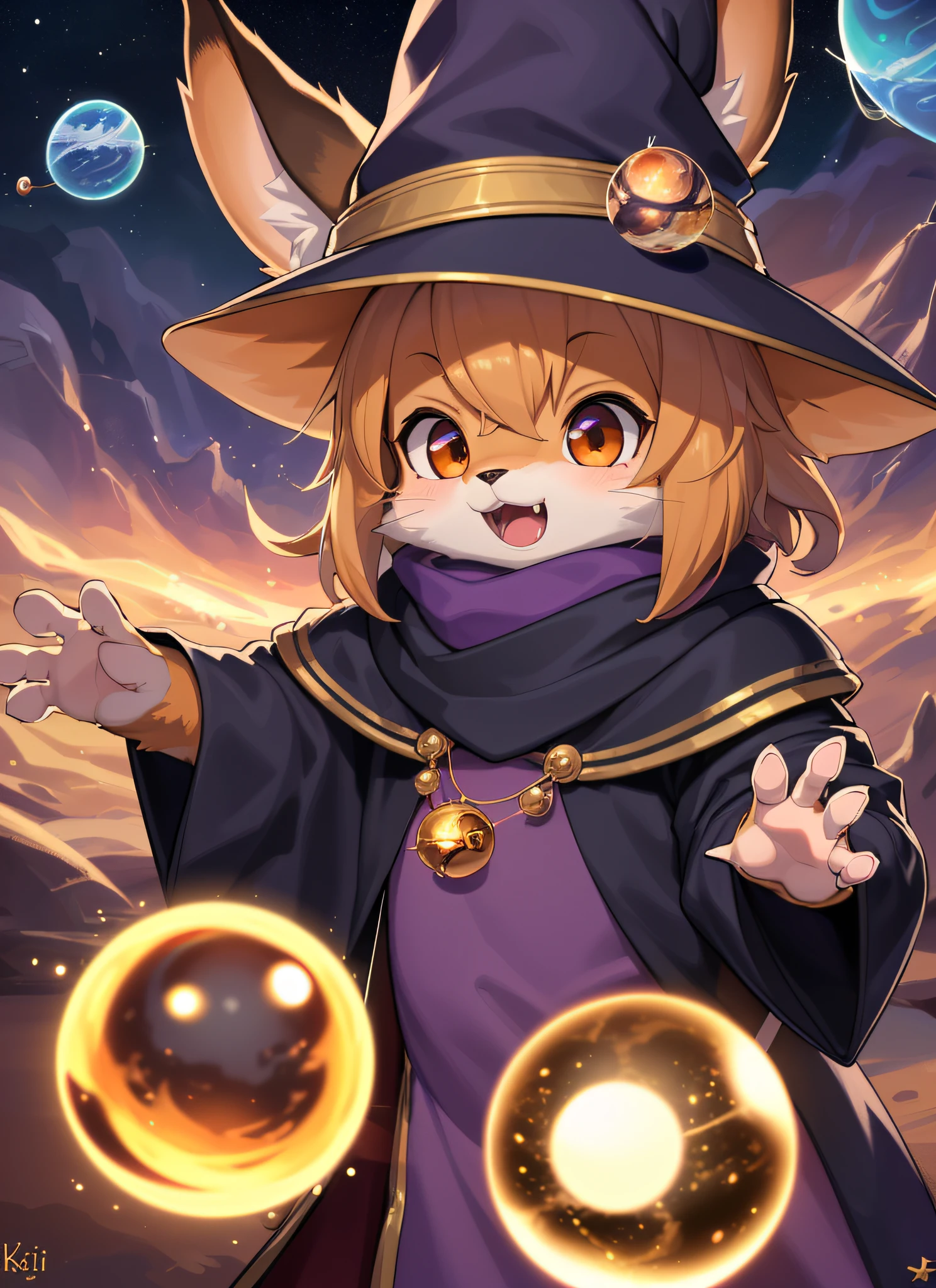 masterpiece, high quality portrait, 3D realistic CG, dramatic lighting, intricate details, sharp focus, 16k, anthro, furry, (cub), (whiskers), solo boy, wizard hat, cape, scarf, (surprised), (magic wind orbs:1.4), (reaching hand out), (outer space planets), (by kekitopu), full shot