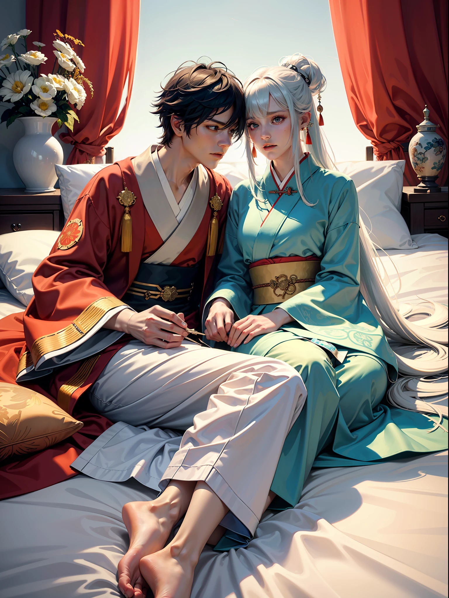 Concept Art, "1 Couple, Male Focus, Fin Ears, Multicolored Hair, Handsome Boy, Long White Hair, Tassels, Bangs, Carp, Colorful, Bold Colors, White Kimono, (Open) Kimono, Traditional Chinese Clothing, Close-up, Intimate Interaction in Bed, Stud Earrings, Rings, Sweat, Illuminate People", Colorful, Master Composition, Focus on Key Figures, Realism, Masterpiece, Award-Standing, Best Quality, Masterpiece, Ultra Detailed, 8K, Extremely Detailed CG Unity 8k wallpaper, complex, highly detailedrealistic