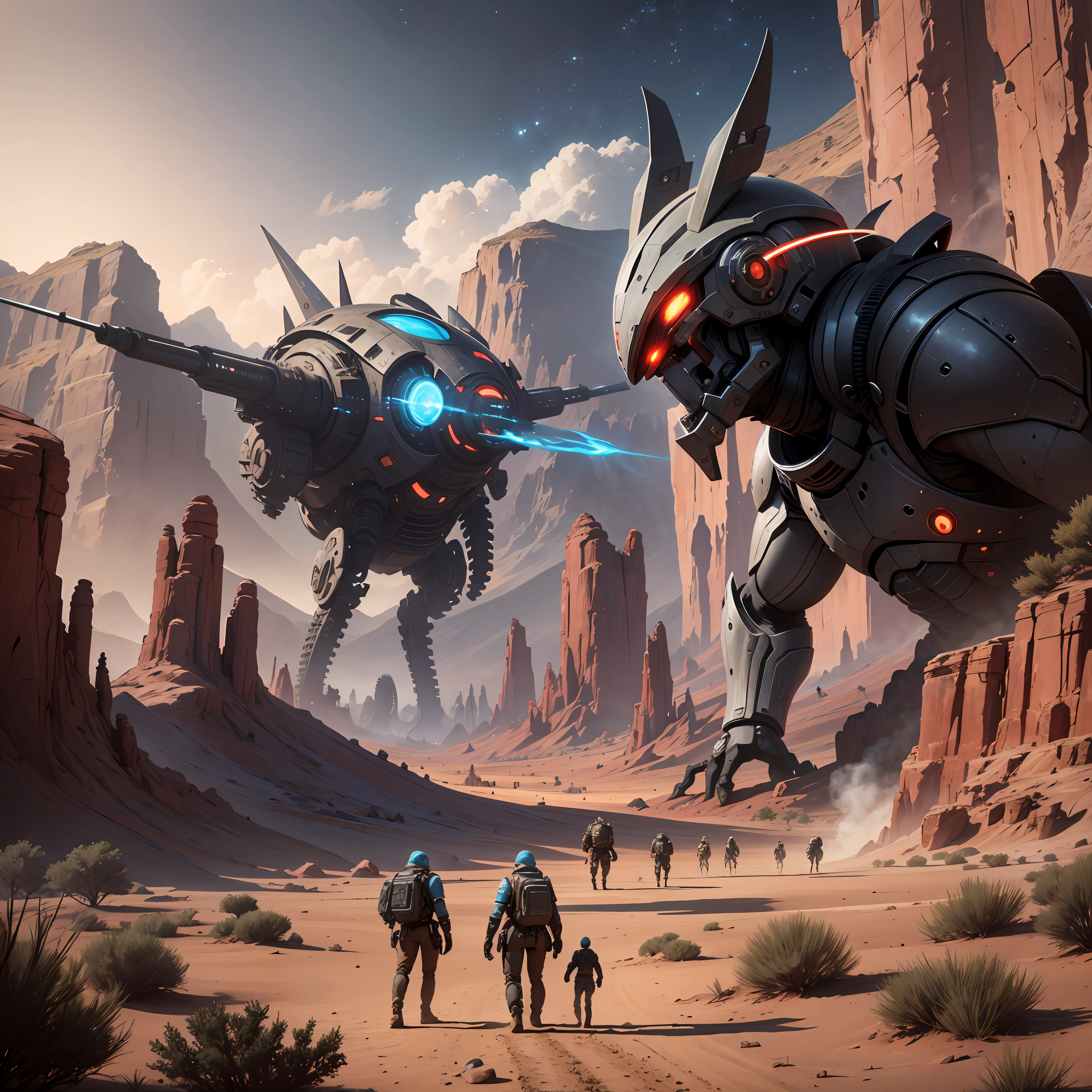 An AI-generated image depicting a group of explorers on a distant planet, surrounded by dangerous alien creatures. In the center of the image, there's an explorer pointing a gun at a three-headed monster, while another explorer is trying to disable an alien trap. In the background, we see the rest of the group trying to protect themselves from a horde of approaching creatures. The planet is arid and desolate, with a reddish sky and sharp rocks. The image has a dark and tense tone, conveying the sense of imminent danger. --auto --s2