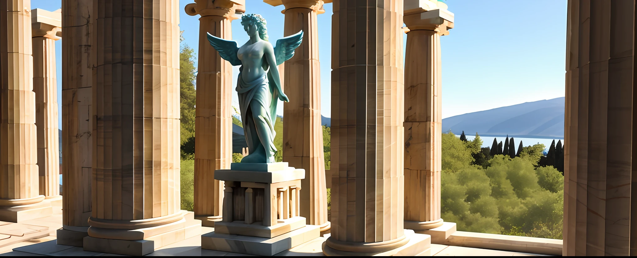 photograph , Orizontal, in high definition, archangel Raphael, marble statue. in a setting like Greek Temple on several levels, large and open wing