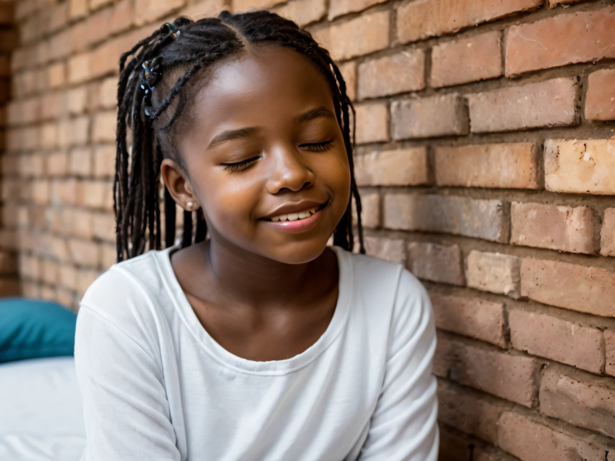 Portrait of a young girl of 14 years beautiful beautiful face perfect petit , she is happy, very beautiful African, praying eyes closed, in bed, (when humble, walls appearing the bricks, simple house, very blurred background, clear: 1.2)